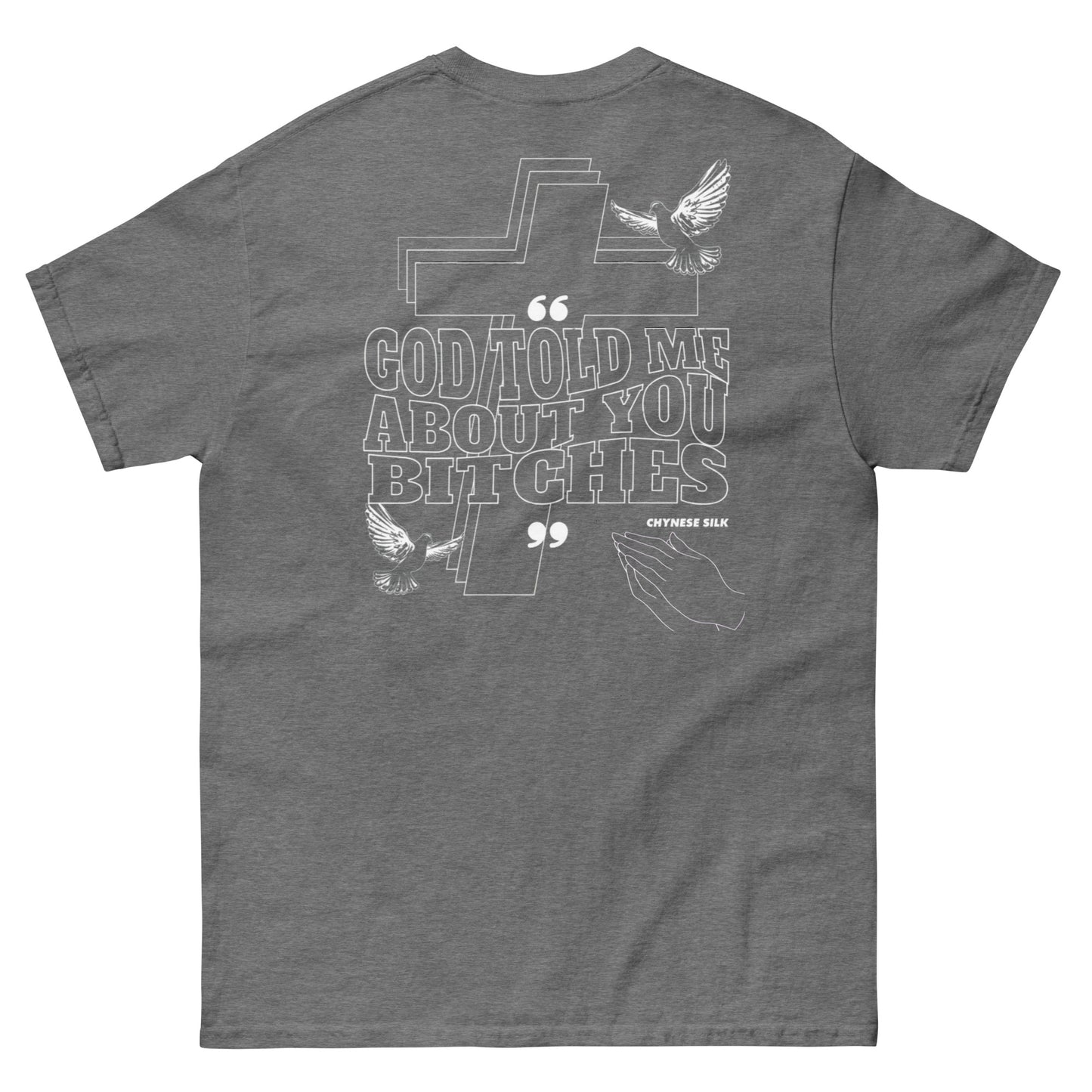 Graphite heather grey premium streetwear t-shirt featuring the God Told Me About You dove graphic by Chynese Silk, back