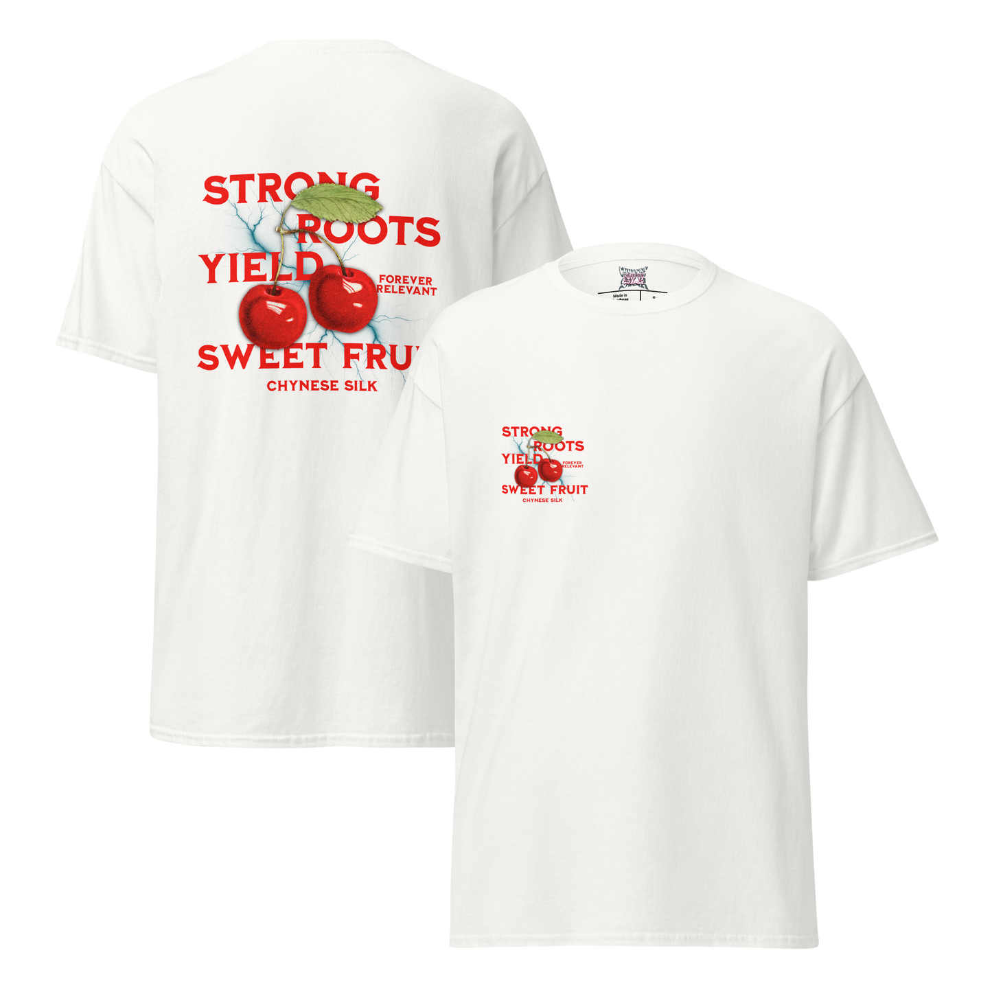 White premium streetwear t-shirt featuring the Chynese Silk Strong Roots Yield Sweet Fruit cherry graphic design
