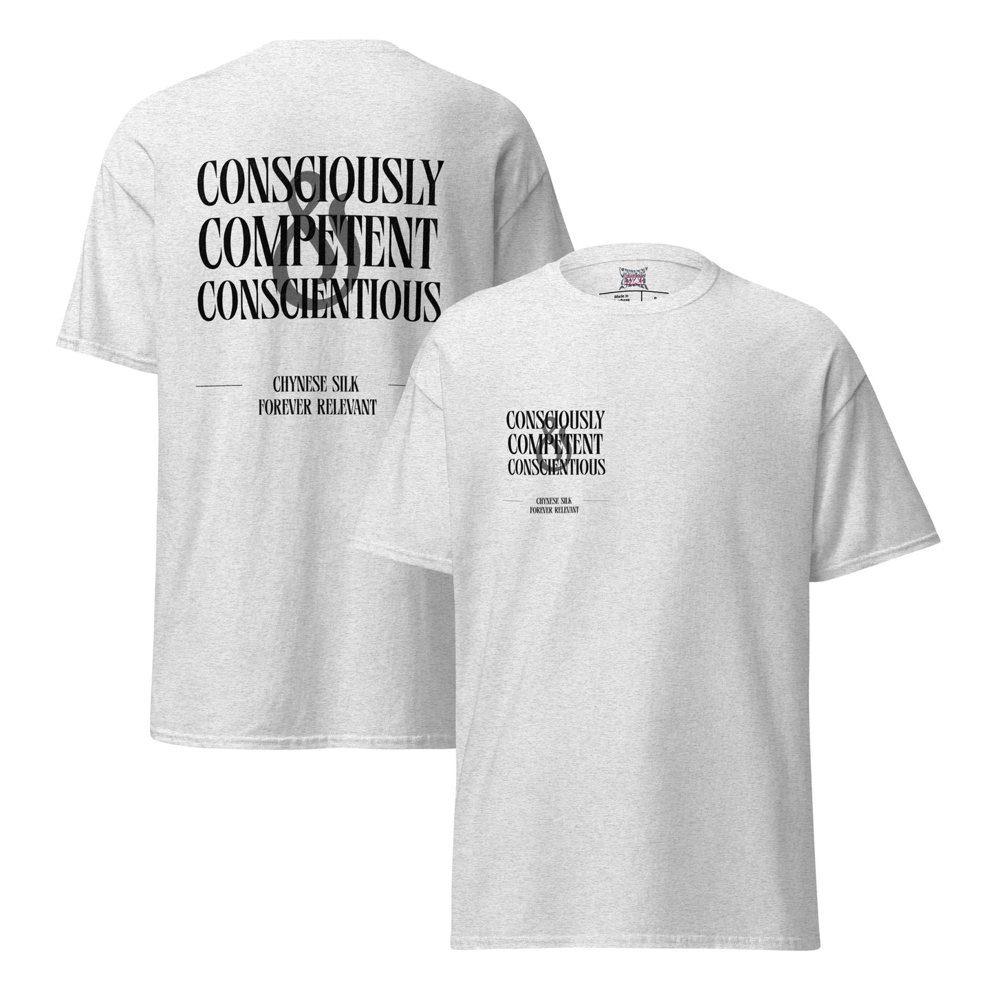 Ash premium streetwear t-shirt featuring the black Chynese Silk CC&C typography graphic design.