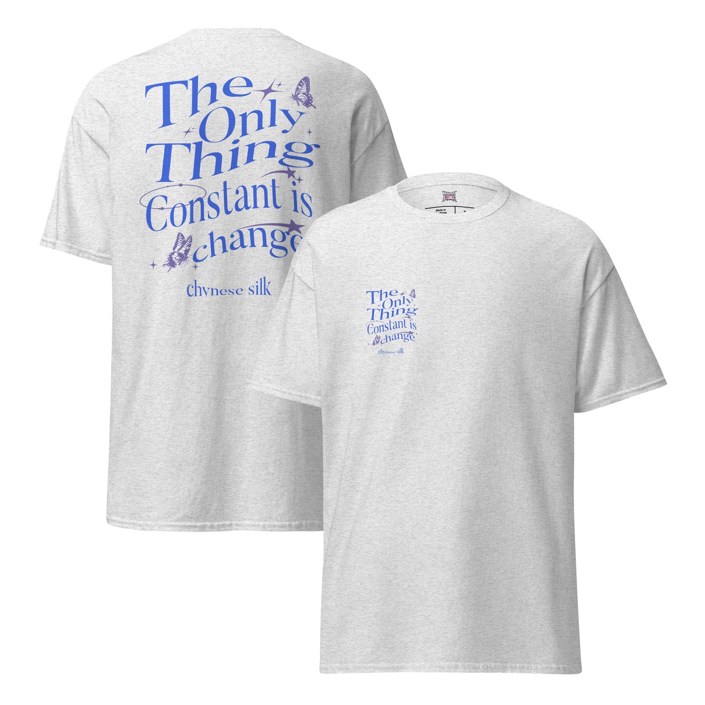 Ash grey premium streetwear t-shirt featuring a blue Constant Change text graphic by Chynese Silk