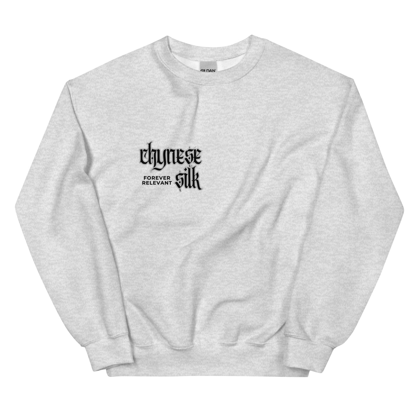 Ash grey premium streetwear crewneck sweatshirt featuring a black Chynese Silk Gothic Revival logo design.