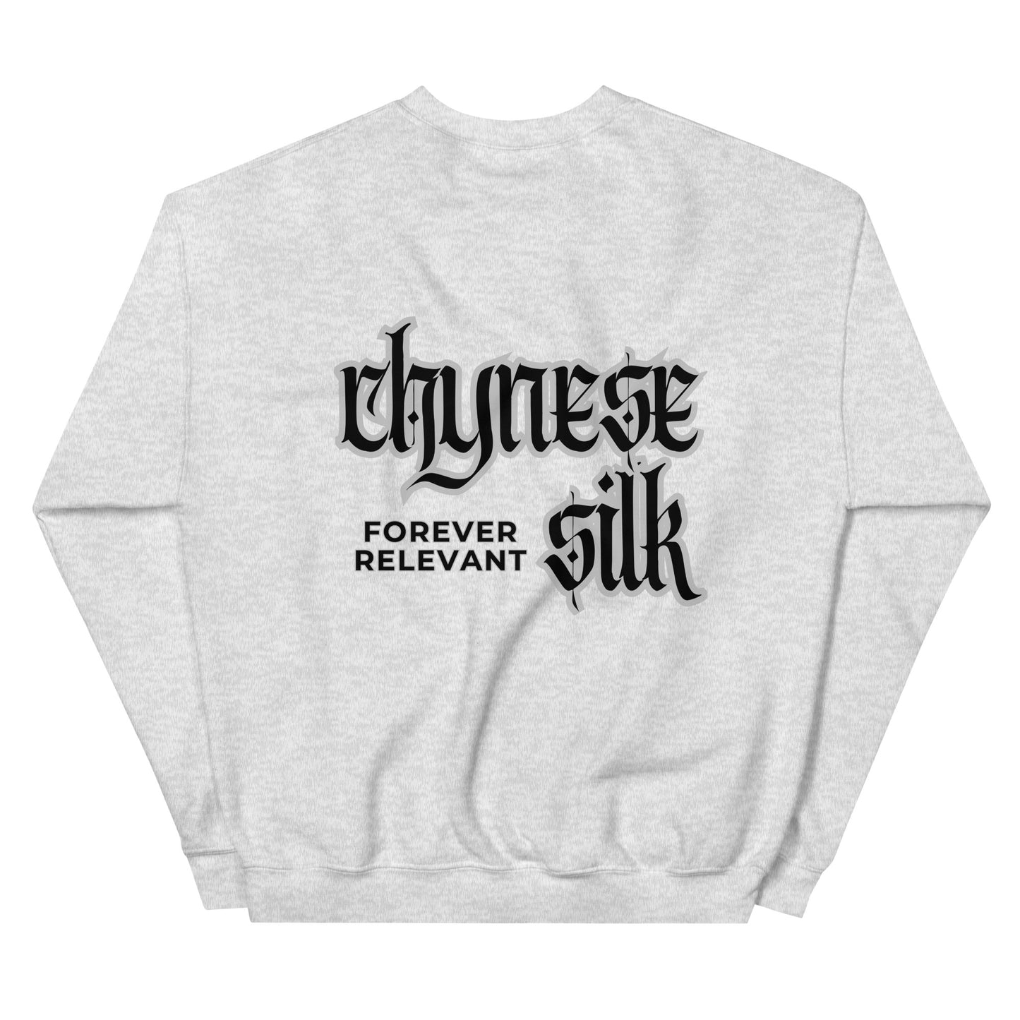 Ash grey premium streetwear crewneck sweatshirt featuring a black Chynese Silk Gothic Revival logo design.