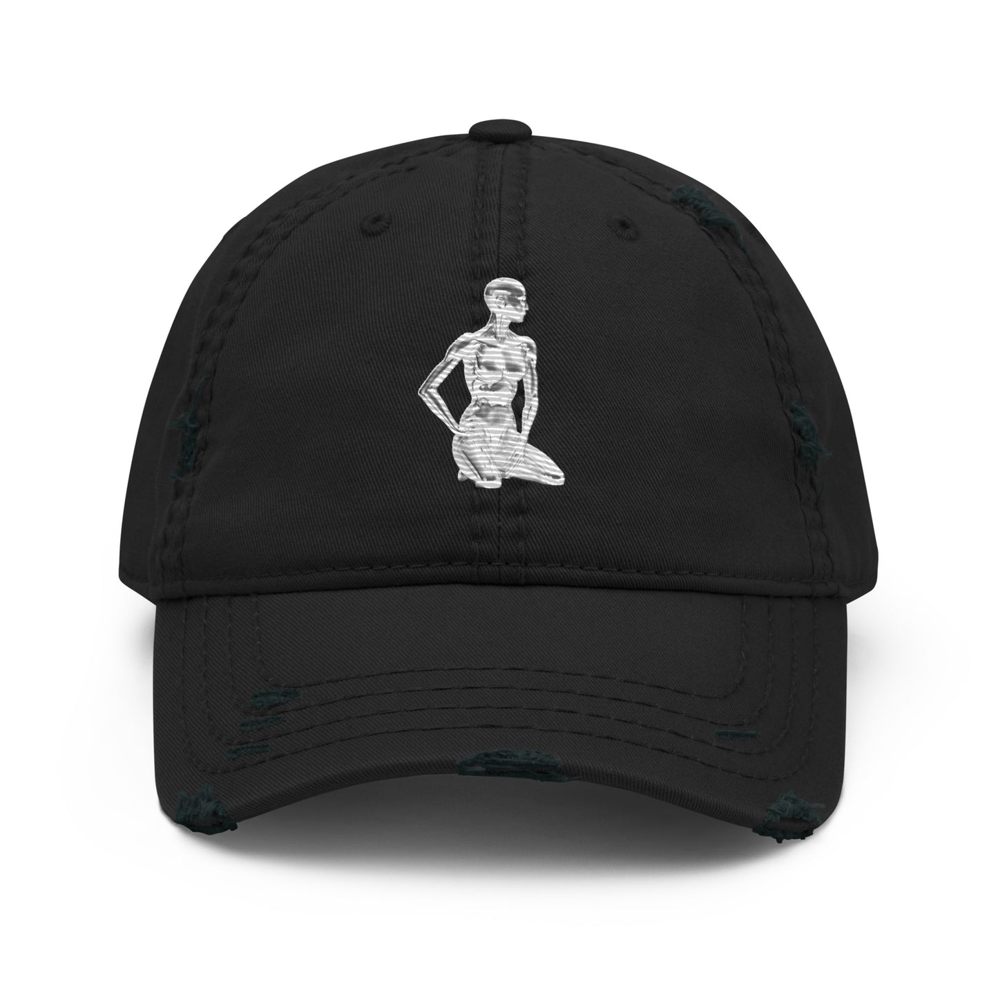 Black distressed streetwear dad cap featuring the white Chynese Silk Cyber Standards robot embroidery.