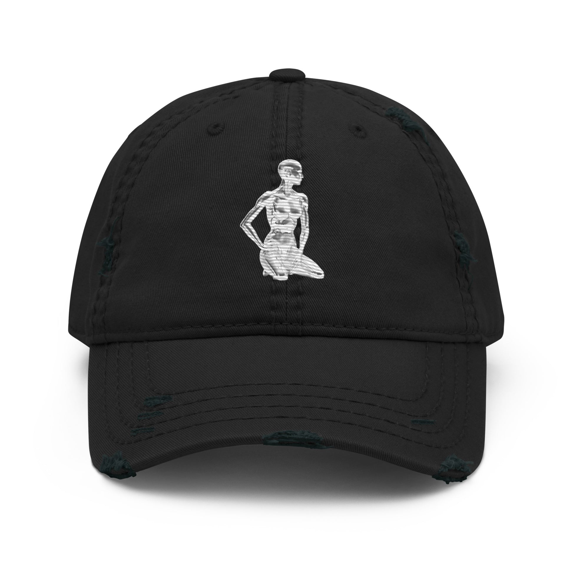 Black distressed streetwear dad cap featuring the white Chynese Silk Cyber Standards robot embroidery.