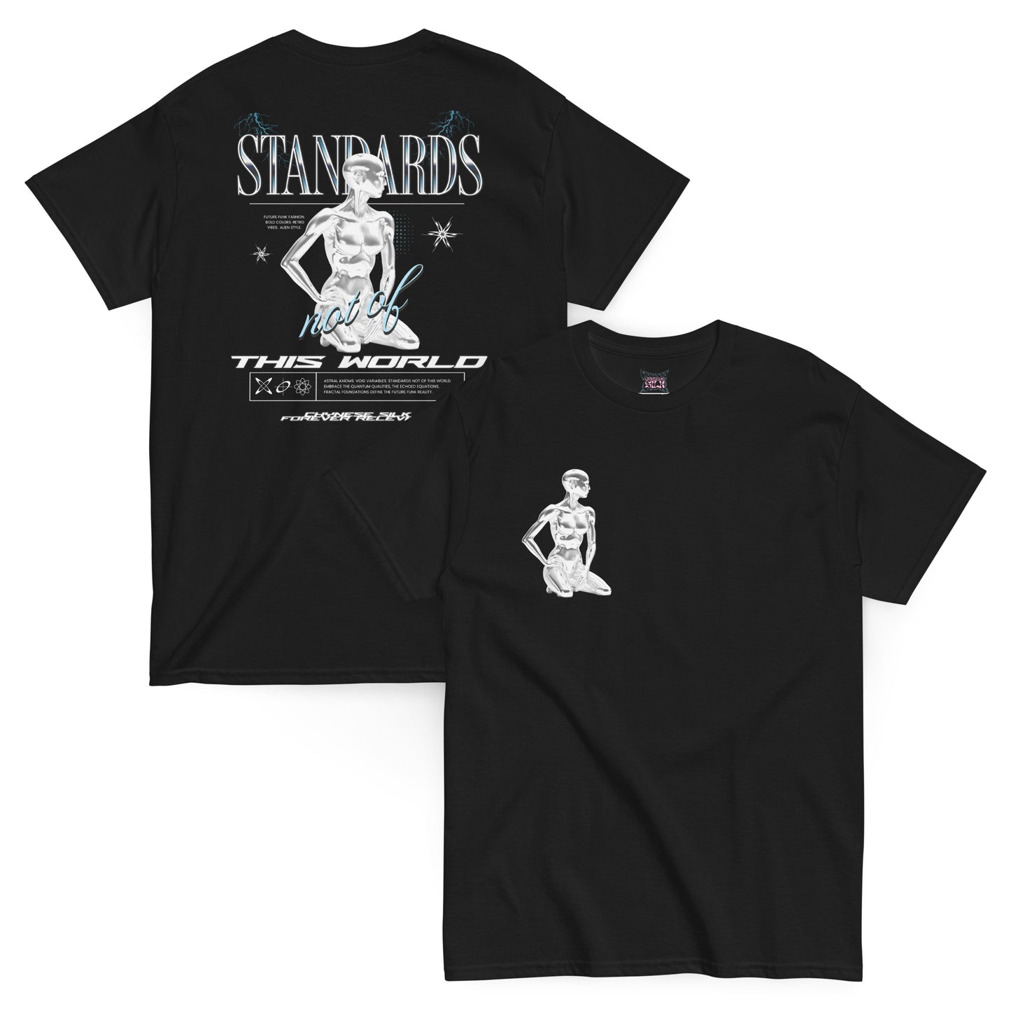 Black premium streetwear t-shirt featuring the Chynese Silk Cyber Standards robot graphic design.