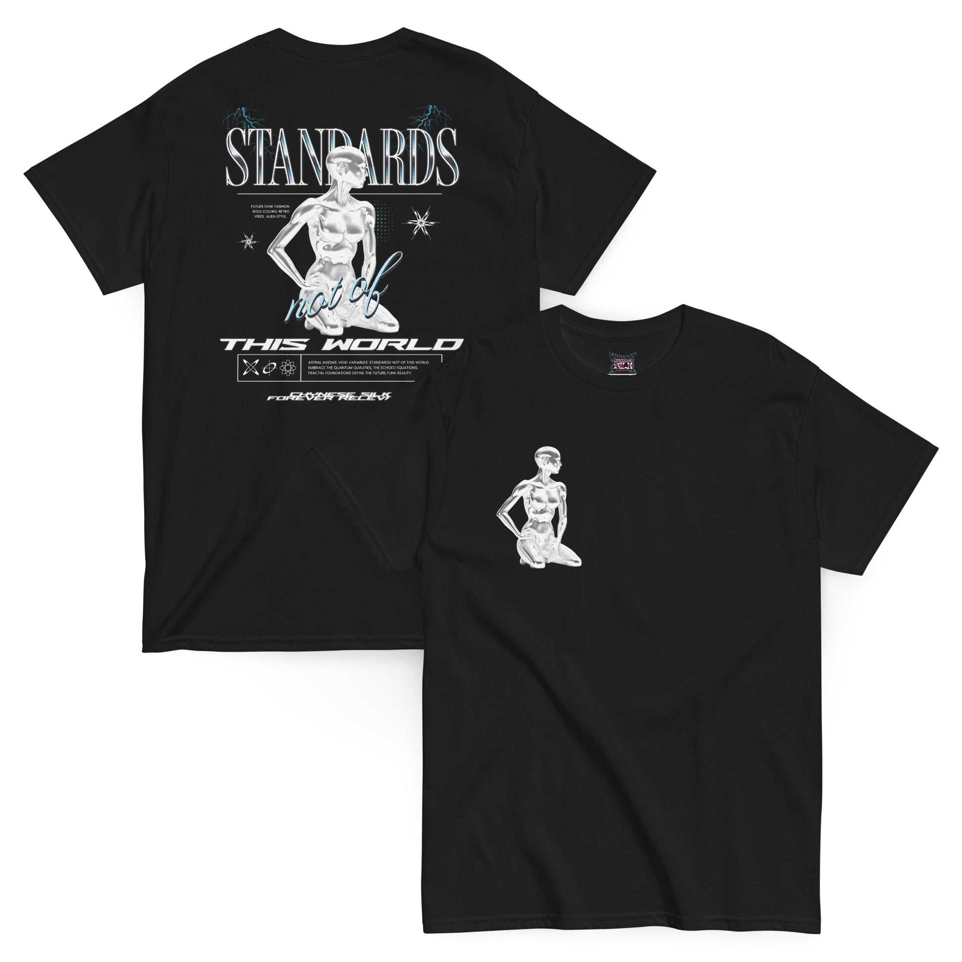 Black premium streetwear t-shirt featuring the Chynese Silk Cyber Standards robot graphic design.