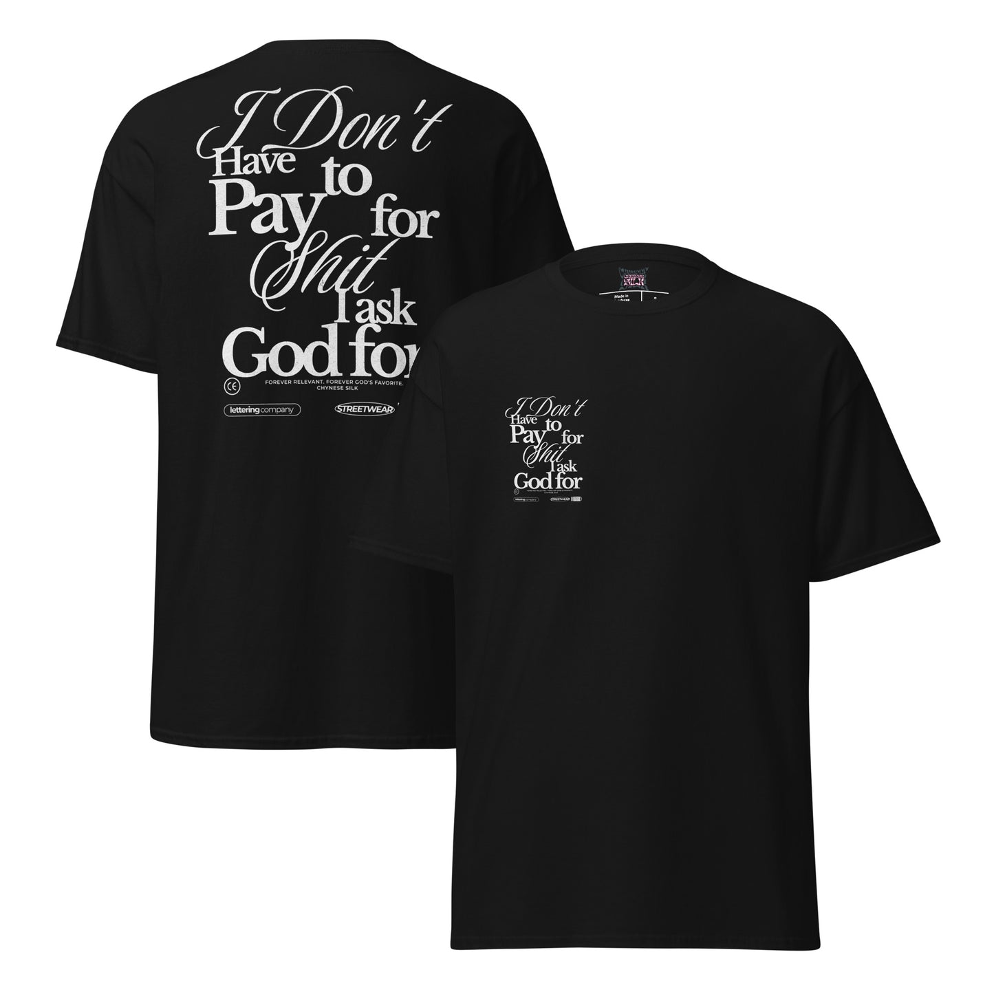 Black premium streetwear t-shirt featuring the Chynese Silk Free Life typography graphic design.
