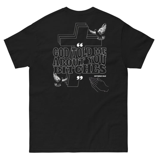 Black premium streetwear t-shirt featuring the God Told Me About You dove graphic by Chynese Silk, back