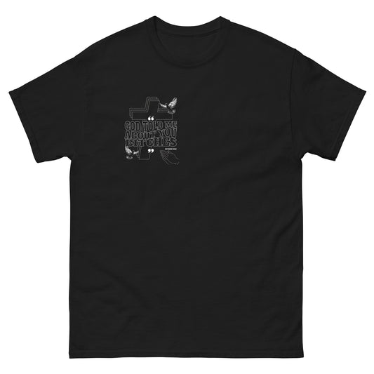 Black premium streetwear t-shirt featuring the God Told Me About You dove graphic by Chynese Silk, front