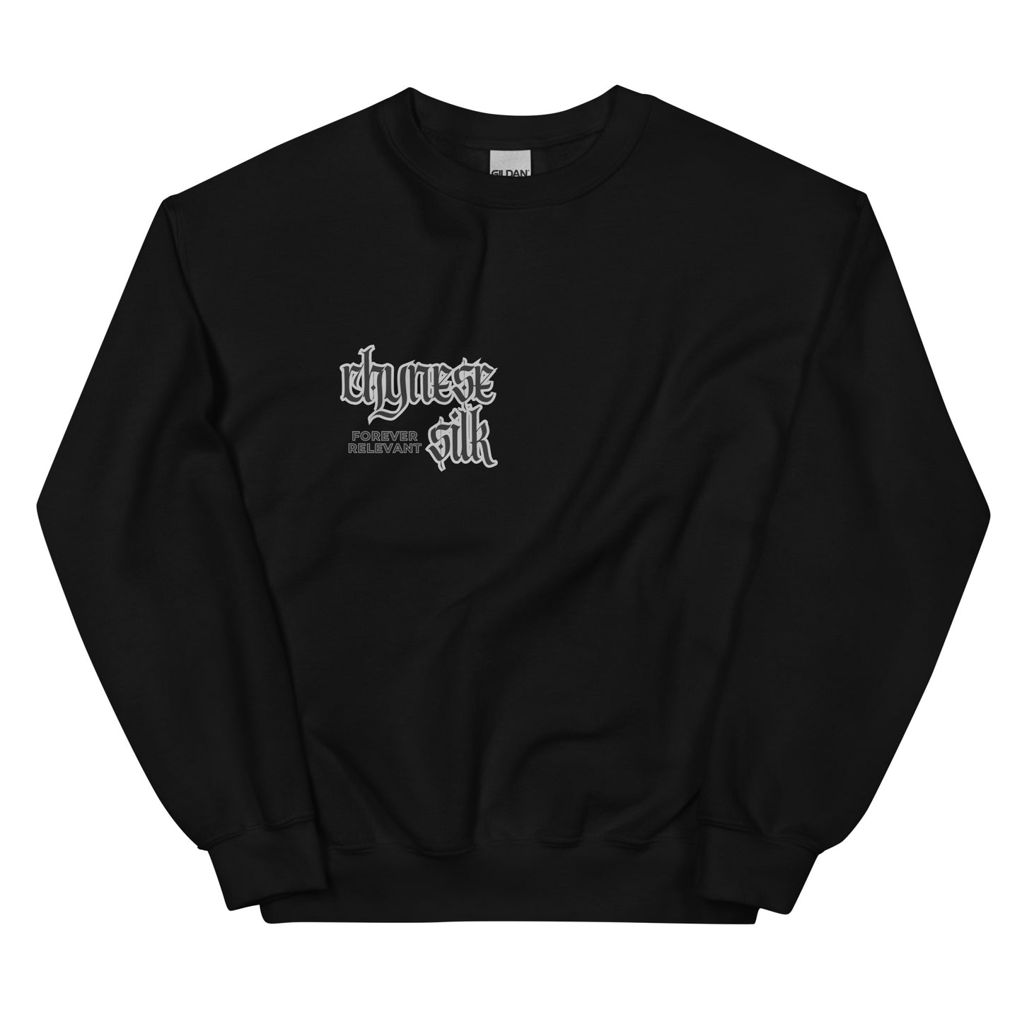 Black premium streetwear crewneck sweatshirt featuring a black Chynese Silk Gothic Revival logo design.