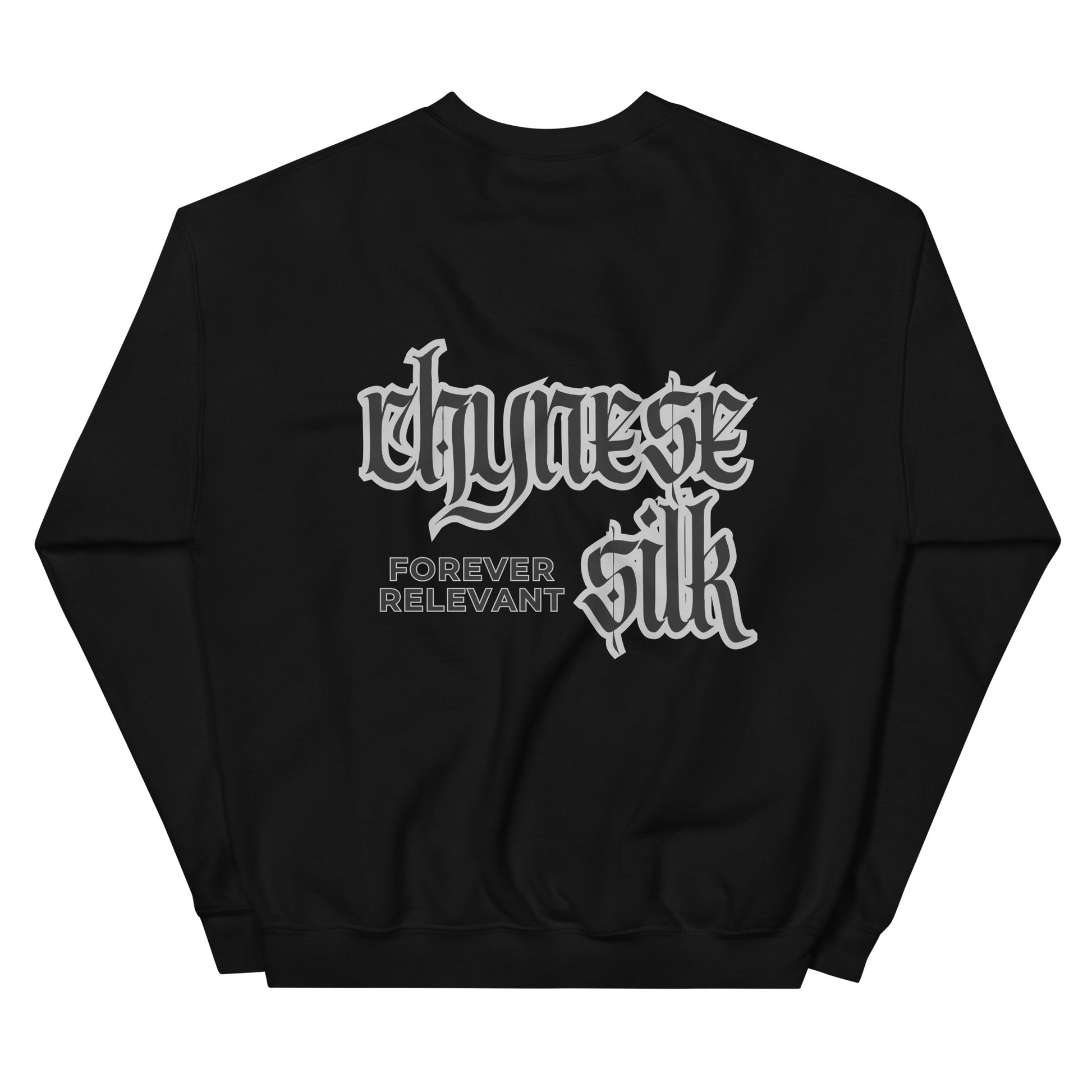 Black premium streetwear crewneck sweatshirt featuring a black Chynese Silk Gothic Revival logo design.