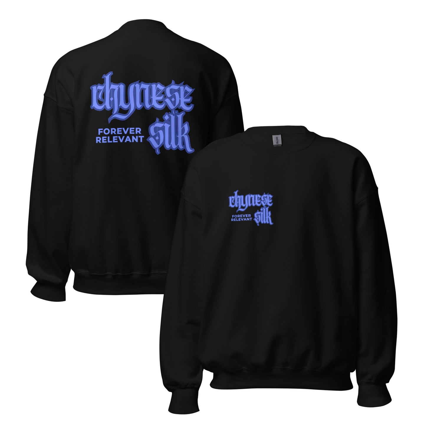 Black premium streetwear crewneck sweatshirt featuring a blue Chynese Silk Gothic Revival logo design.