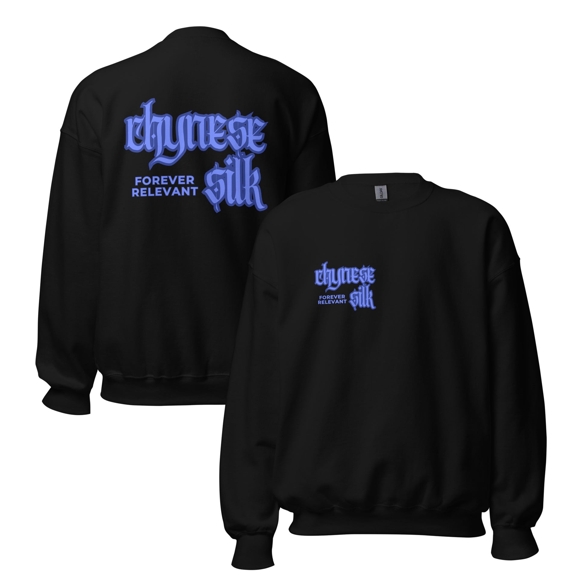 Black premium streetwear crewneck sweatshirt featuring a blue Chynese Silk Gothic Revival logo design.