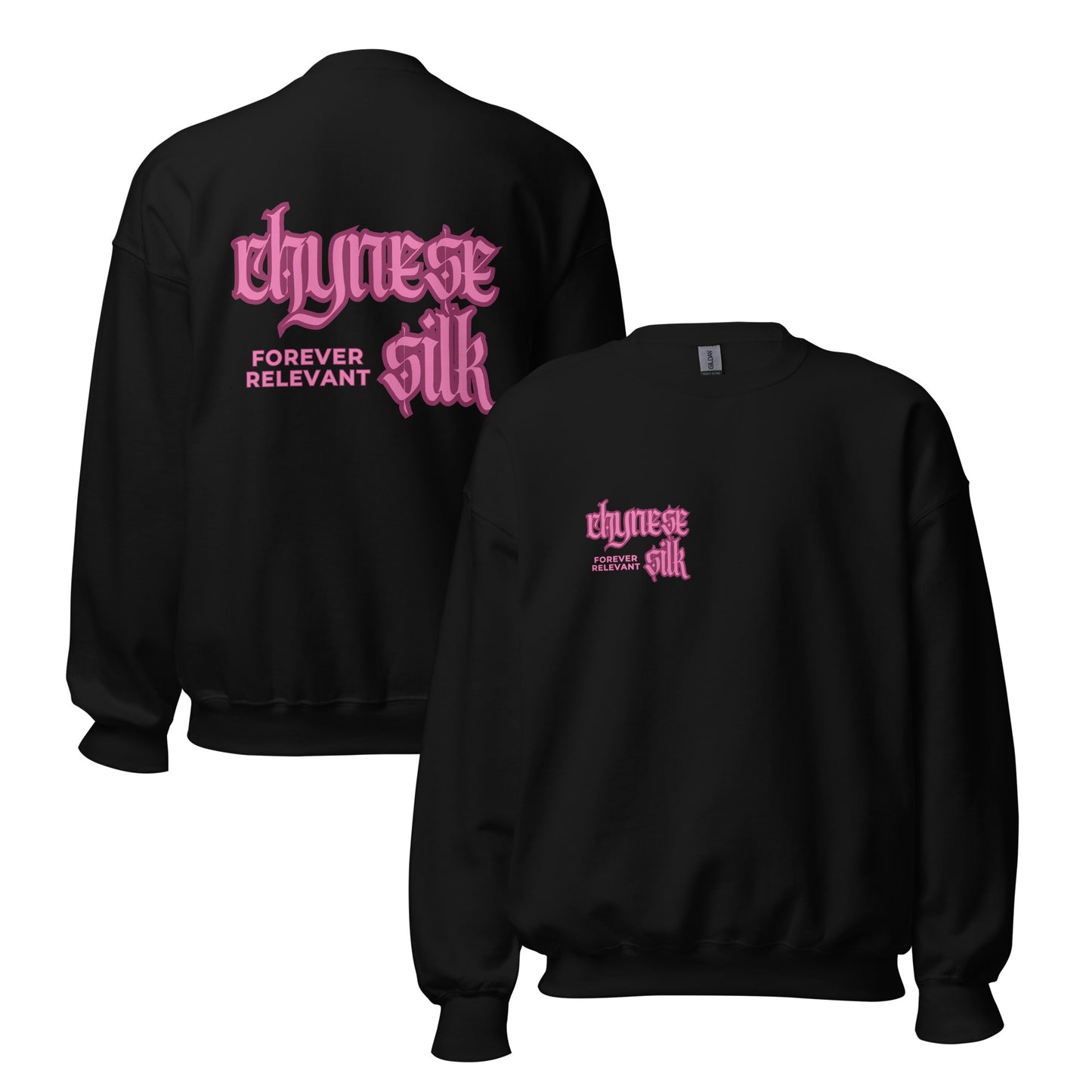 Black premium streetwear crewneck sweatshirt featuring a pink Chynese Silk Gothic Revival logo design.