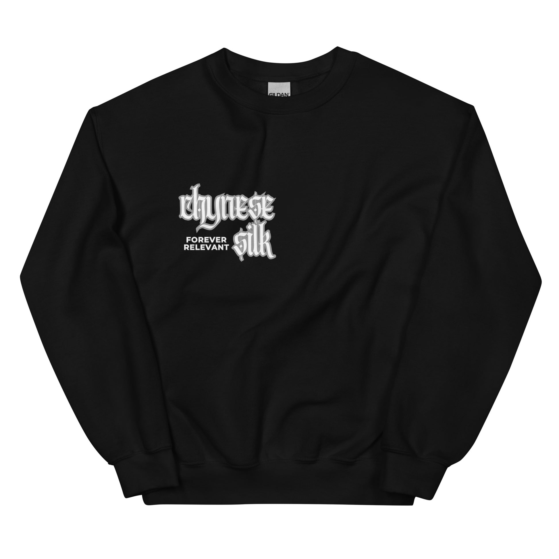 Black premium streetwear crewneck sweatshirt featuring a white Chynese Silk Gothic Revival logo design.