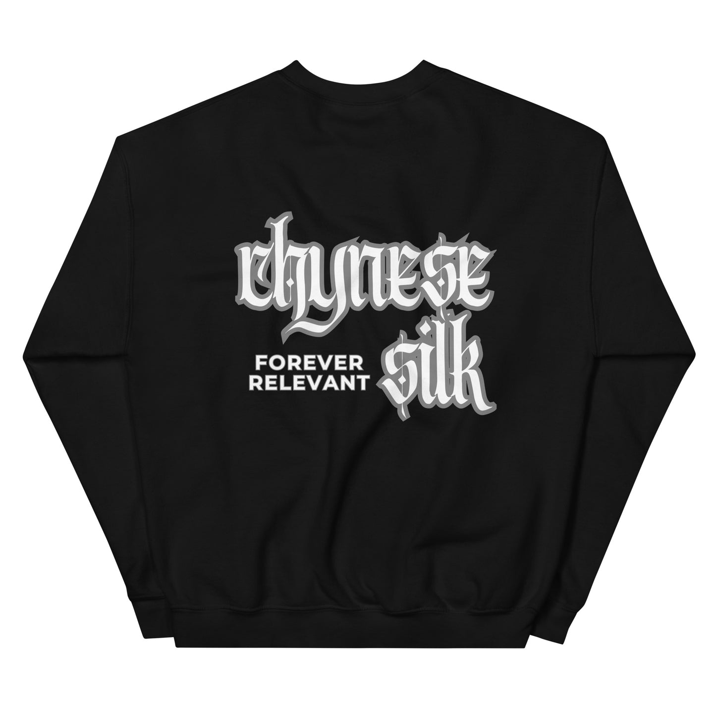 Black premium streetwear crewneck sweatshirt featuring a white Chynese Silk Gothic Revival logo design.