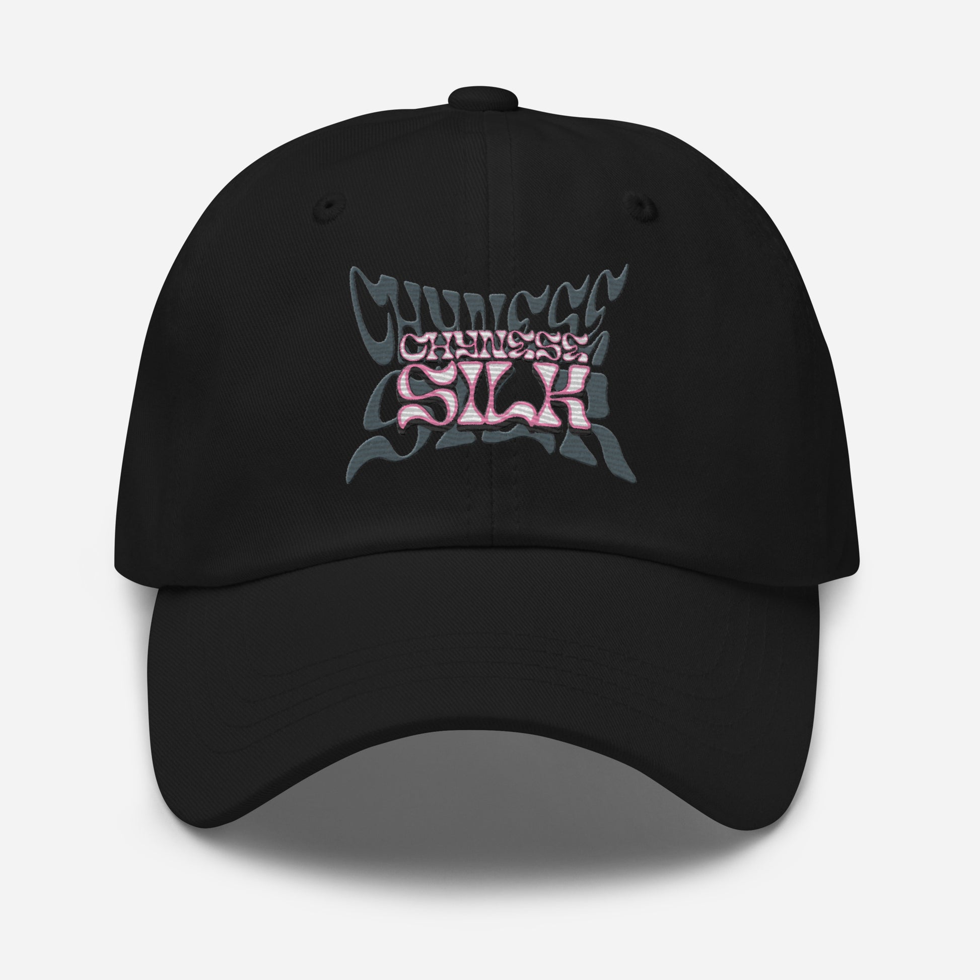 Black premium streetwear dad hat featuring the embroidered Chynese Silk Namesake logo design.