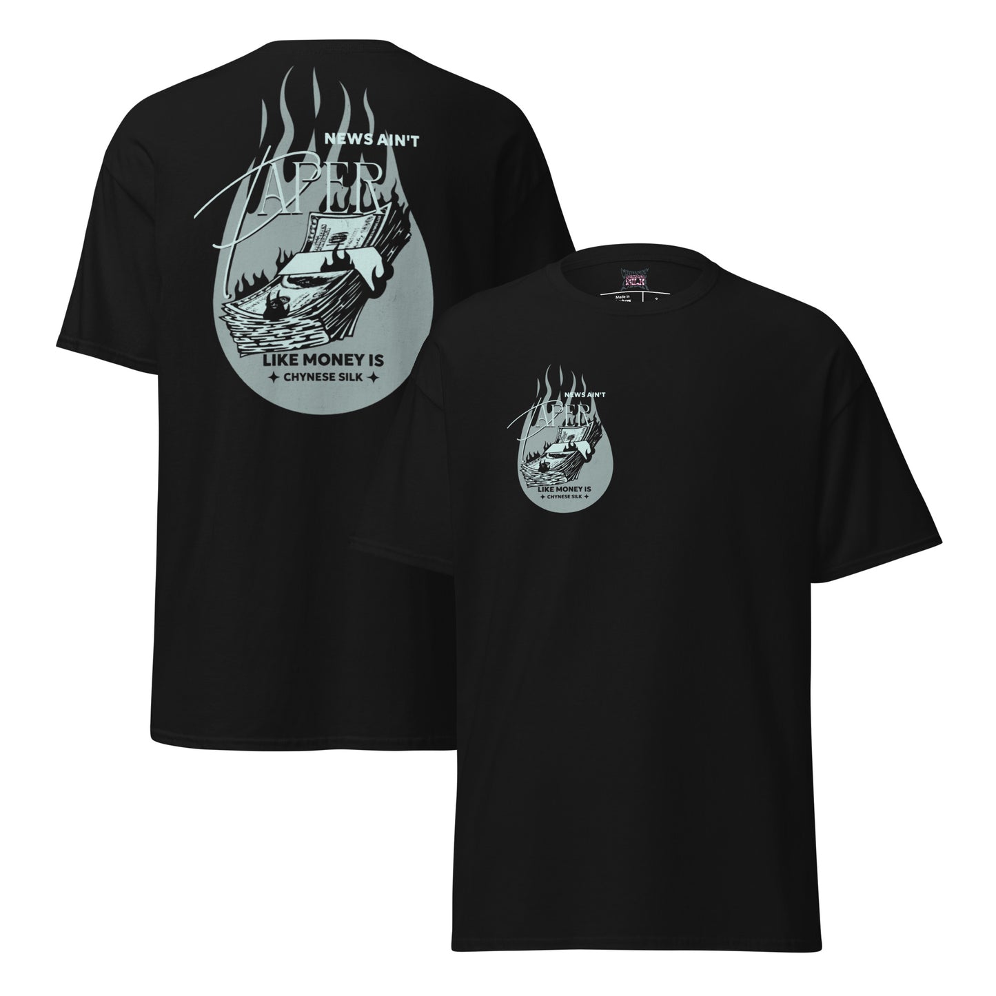 Black premium streetwear t-shirt featuring the Chynese Silk New Flash graphic design.