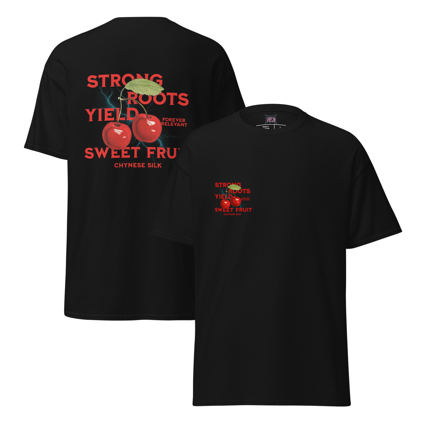Black premium streetwear t-shirt featuring the Chynese Silk Strong Roots Yield Sweet Fruit cherry graphic design