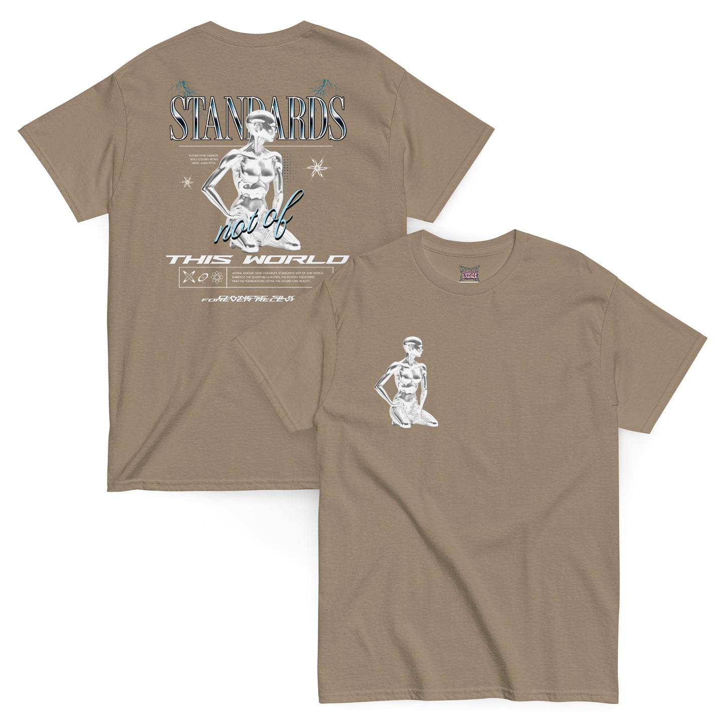 Brown Savana premium streetwear t-shirt featuring the Chynese Silk Cyber Standards robot graphic design.