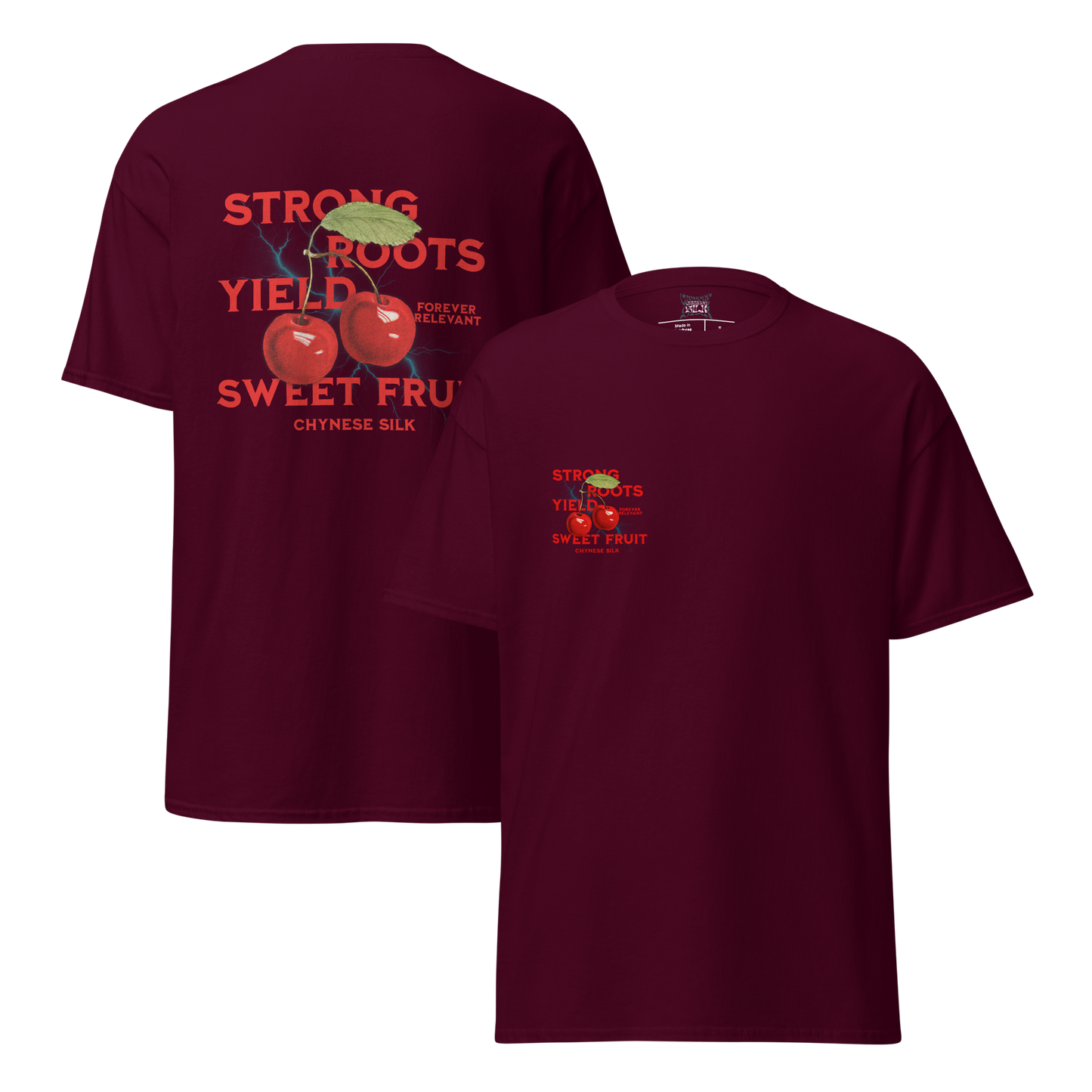 Burgundy premium streetwear t-shirt featuring the Chynese Silk Strong Roots Yield Sweet Fruit cherry graphic design