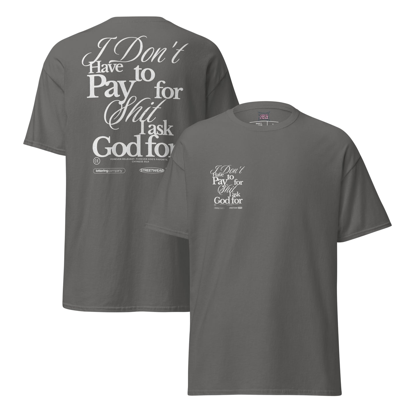 Charcoal premium streetwear t-shirt featuring the Chynese Silk Free Life typography graphic design.