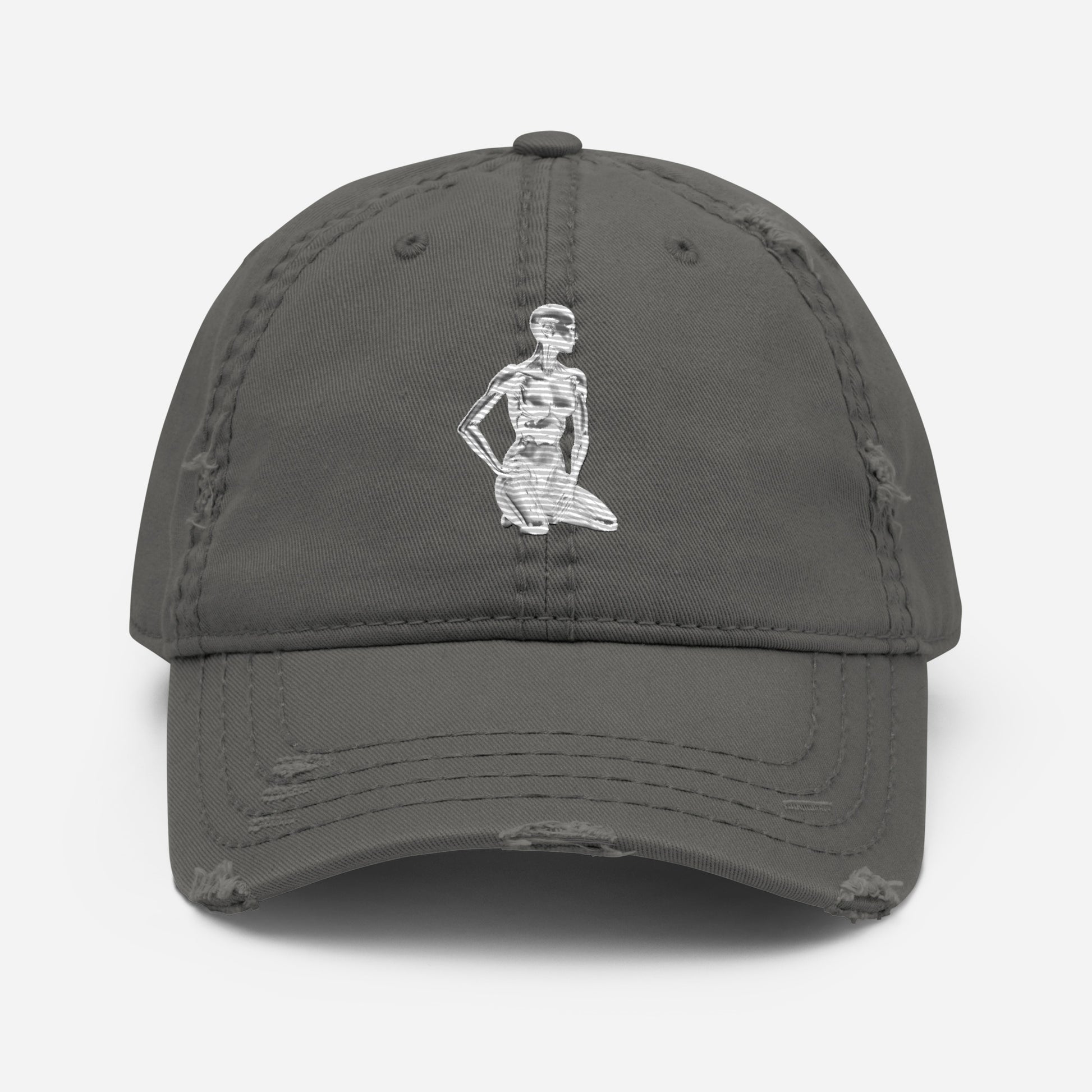 Charcoal grey distressed streetwear dad cap featuring the white Chynese Silk Cyber Standards robot embroidery.