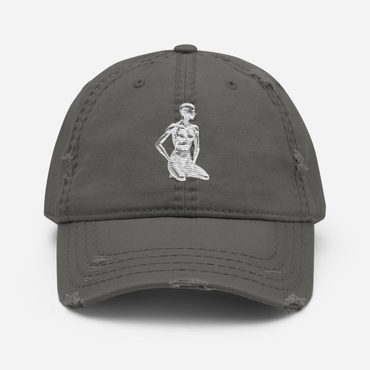 Charcoal grey distressed streetwear dad cap featuring the white Chynese Silk Cyber Standards robot embroidery.