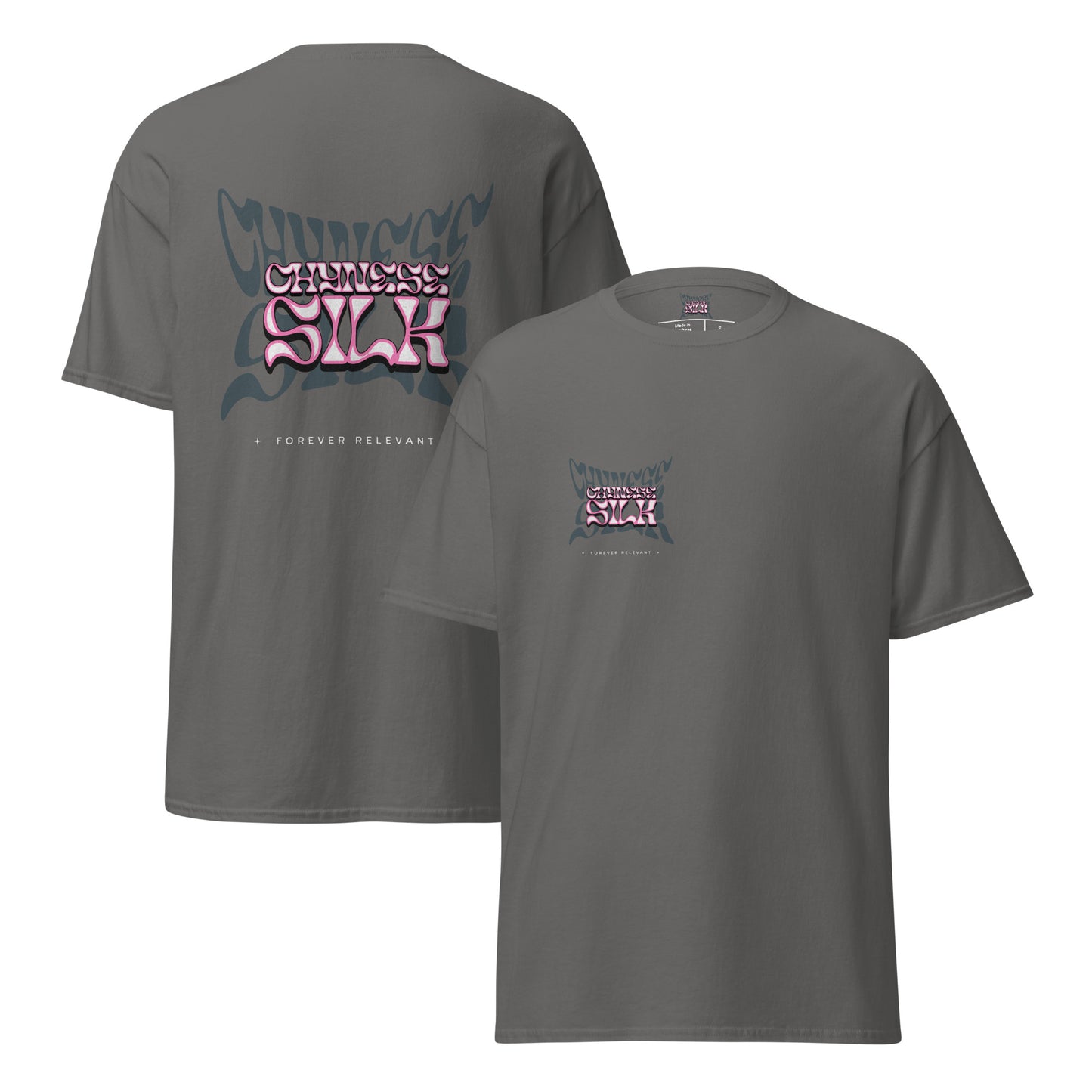Charcoal grey premium streetwear t-shirt featuring the Chynese Silk Namesake graphic design.