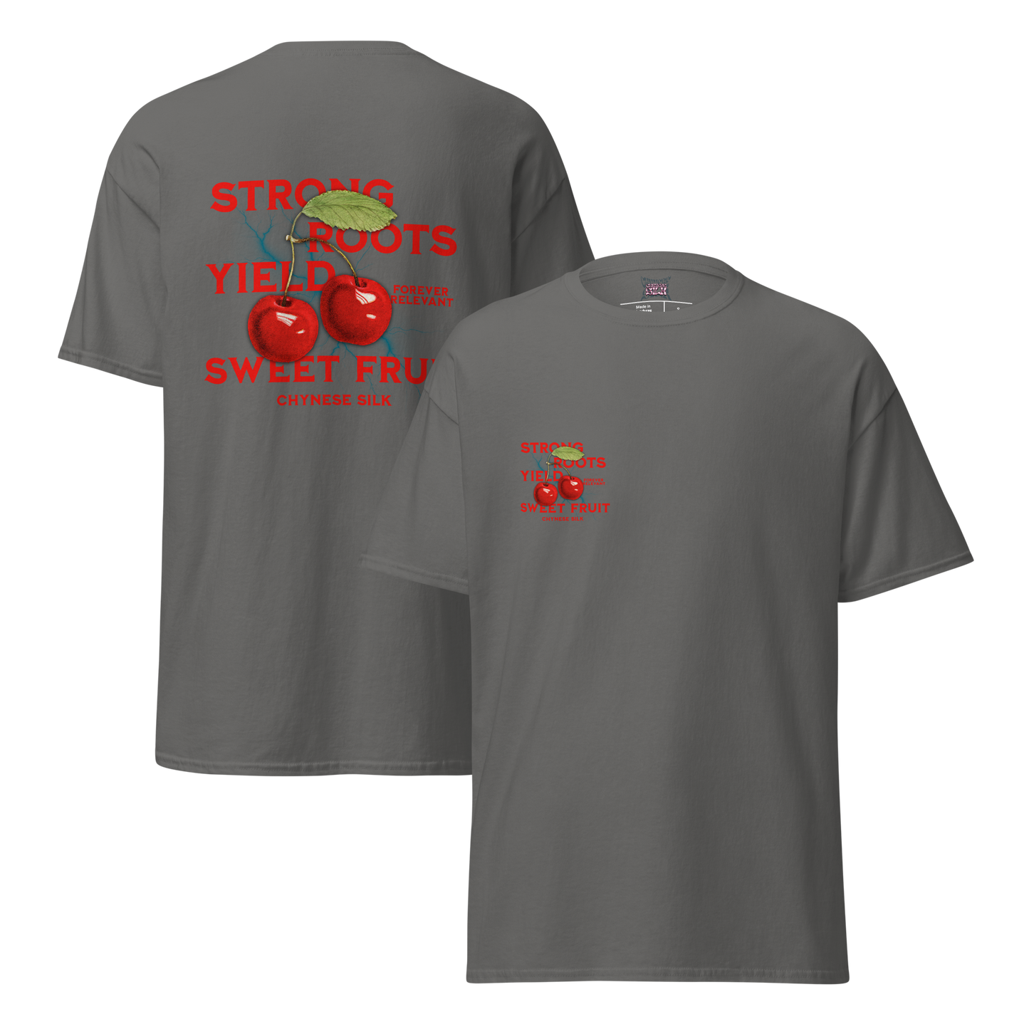 Charcoal premium streetwear t-shirt featuring the Chynese Silk Strong Roots Yield Sweet Fruit cherry graphic design