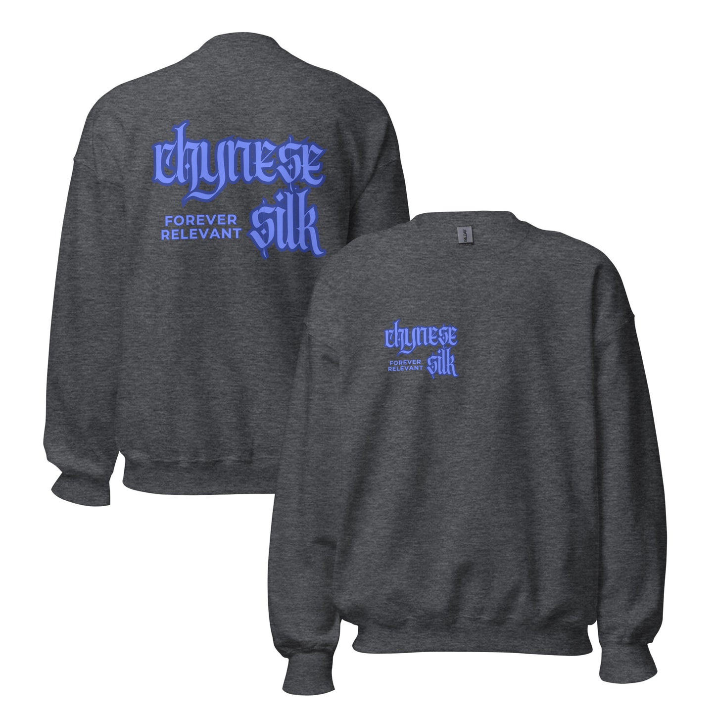 Dark heather grey premium streetwear crewneck sweatshirt featuring a blue Chynese Silk Gothic Revival logo design.
