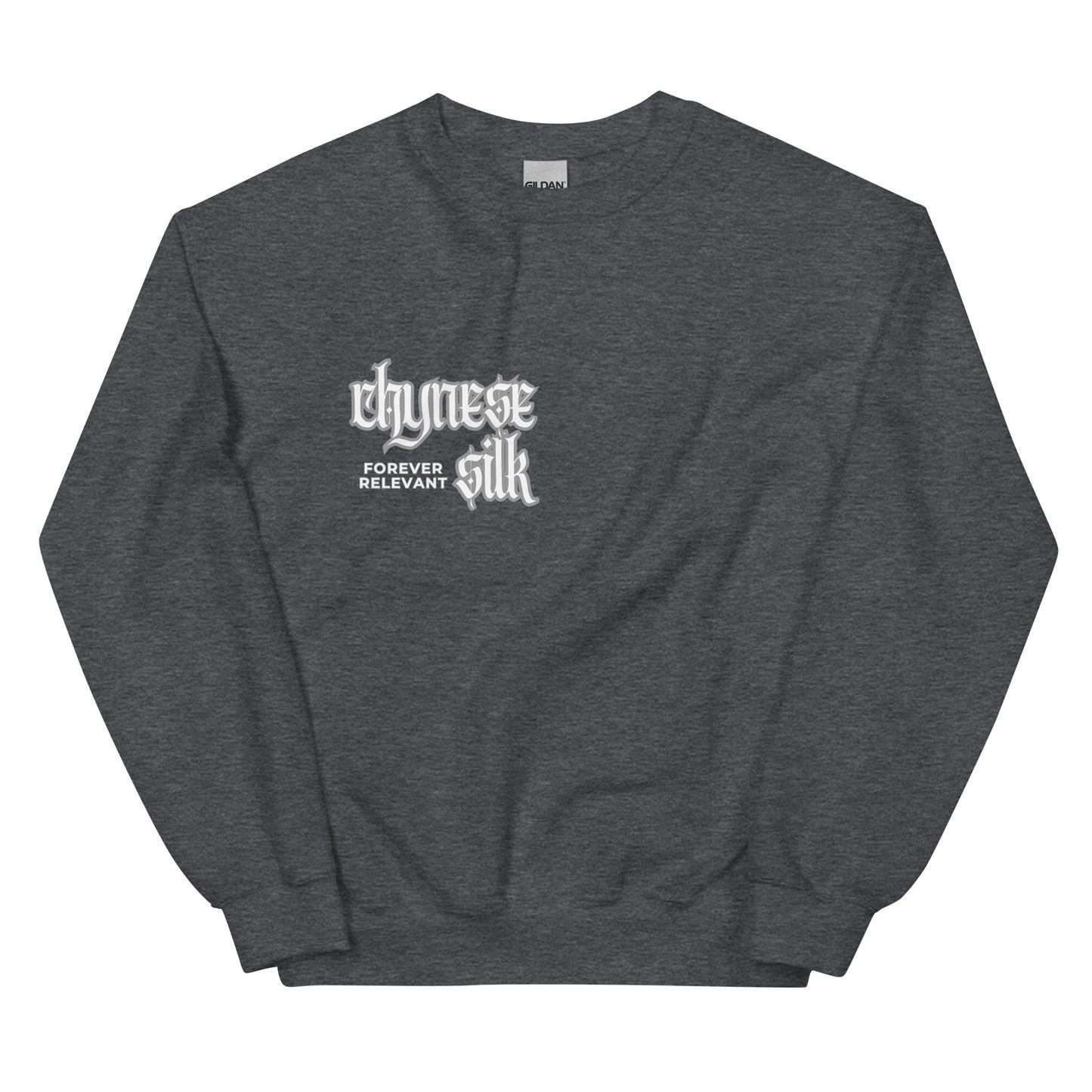Dark heather premium streetwear crewneck sweatshirt featuring a white Chynese Silk Gothic Revival logo design.