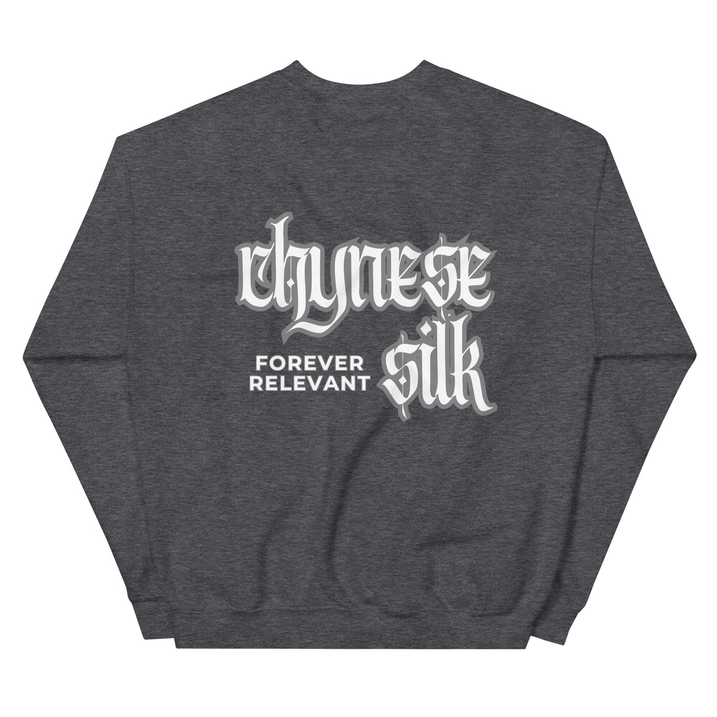 Dark heather premium streetwear crewneck sweatshirt featuring a white Chynese Silk Gothic Revival logo design.