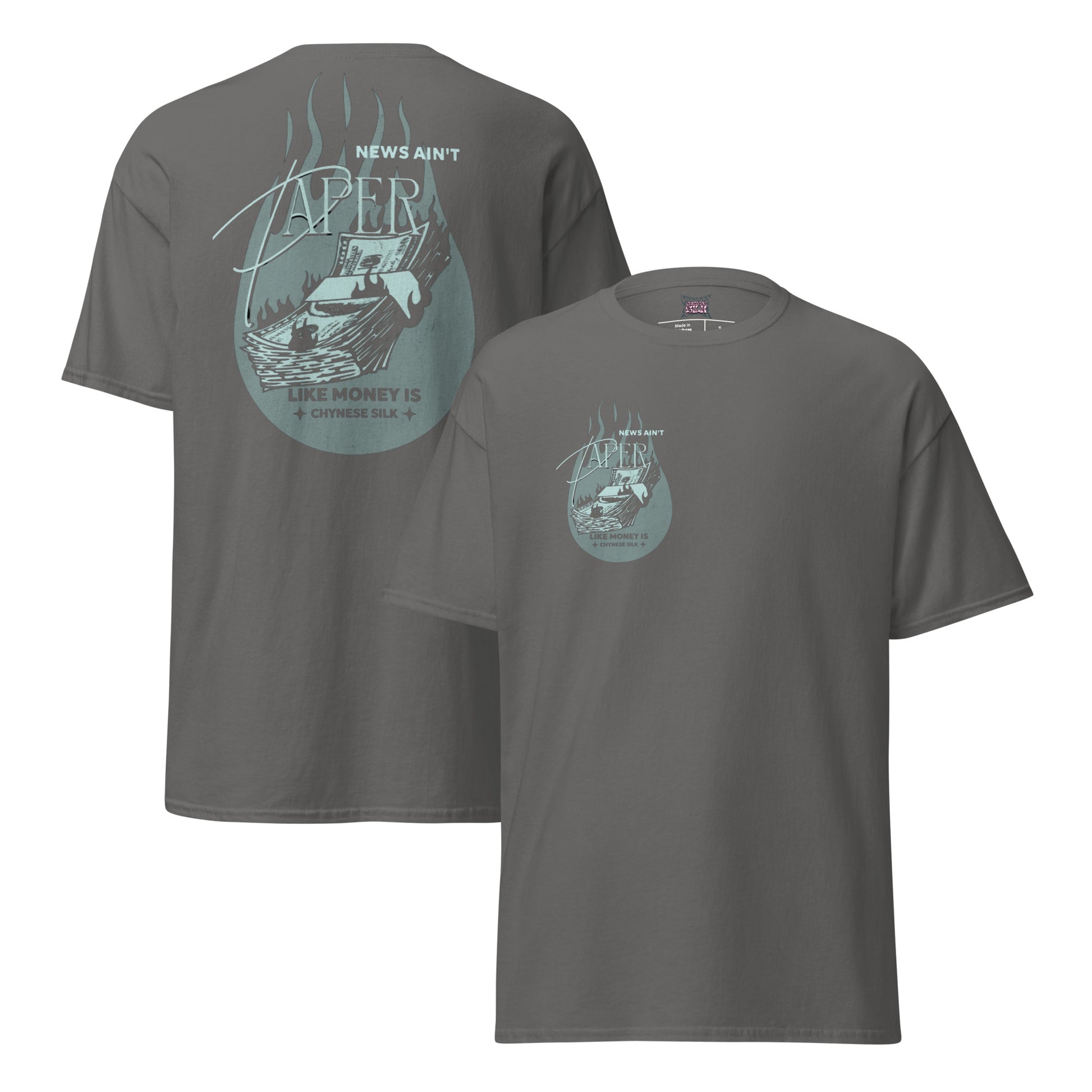 Dark heather grey premium streetwear t-shirt featuring the Chynese Silk New Flash graphic design.