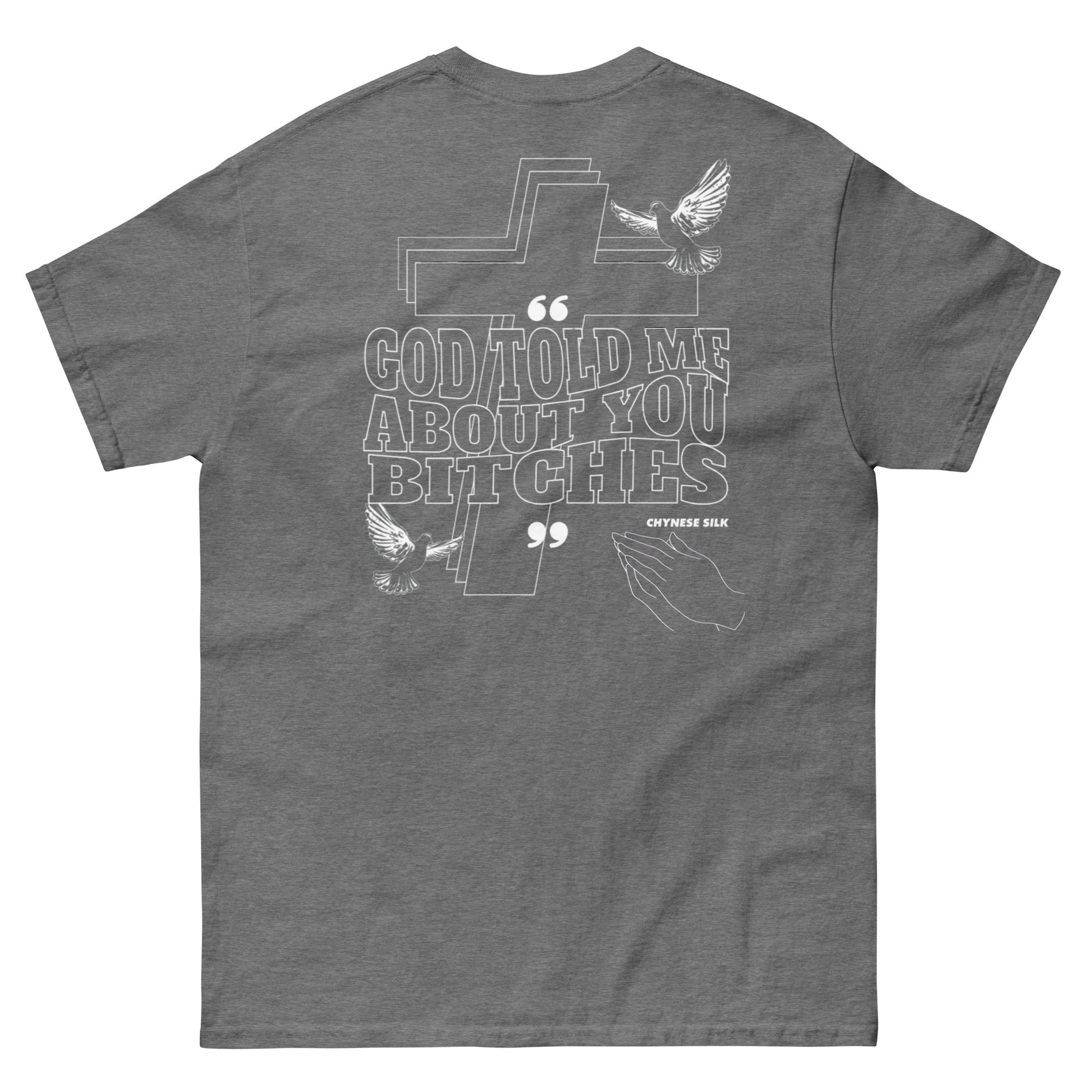 Graphite heather grey premium streetwear t-shirt featuring the God Told Me About You dove graphic by Chynese Silk, back