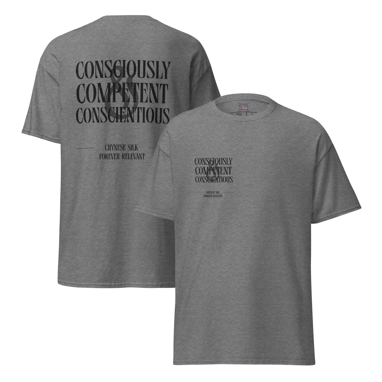 Graphite heather premium streetwear t-shirt featuring the black Chynese Silk CC&C typography graphic design.