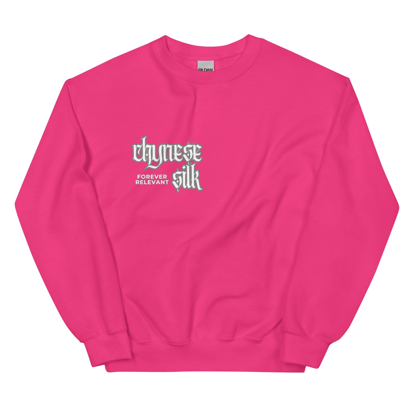 Heliconia Pink premium streetwear crewneck sweatshirt featuring a white Chynese Silk Gothic Revival logo design.