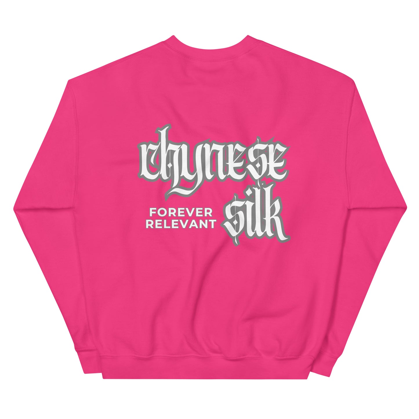 Heliconia pink premium streetwear crewneck sweatshirt featuring a white Chynese Silk Gothic Revival logo design.