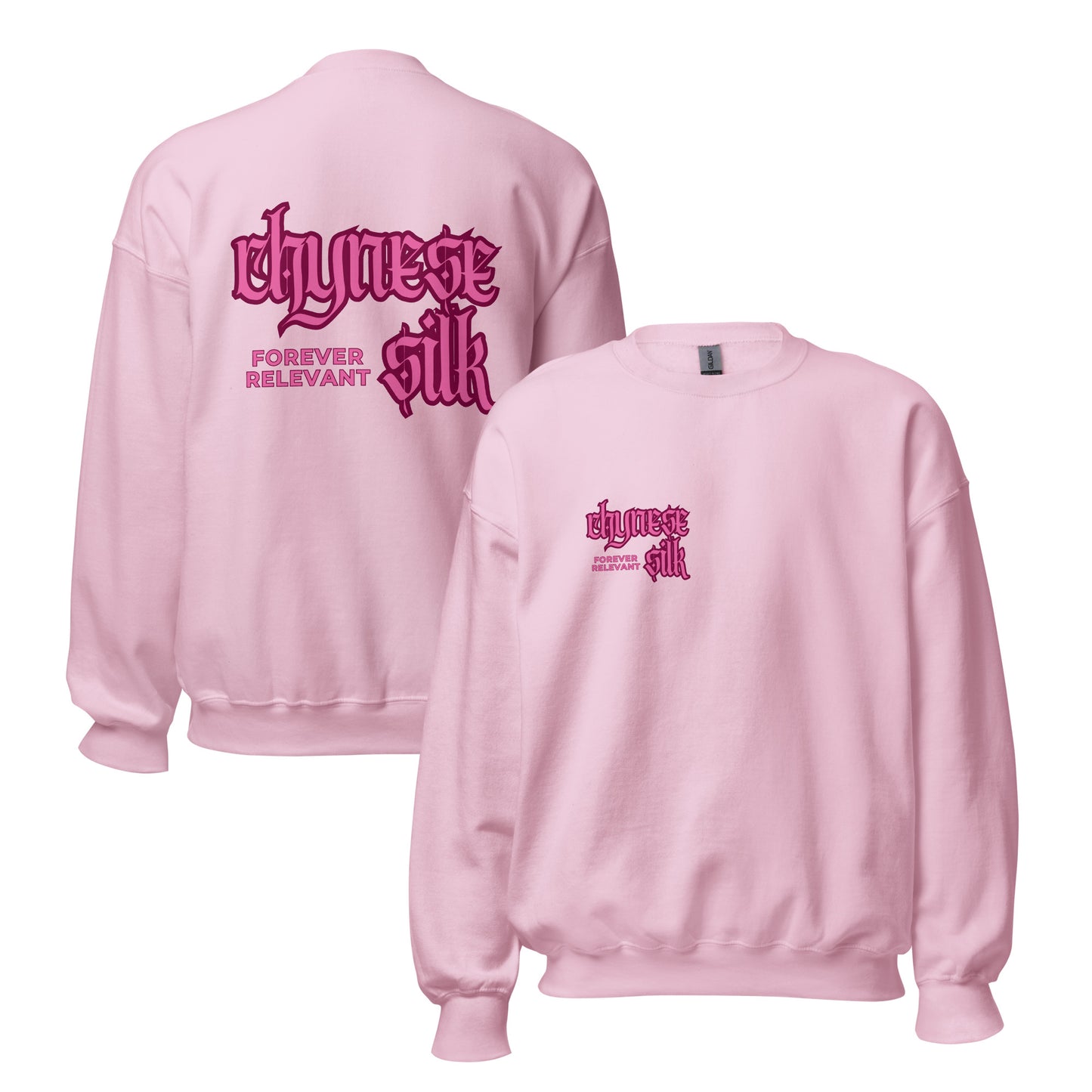 Light pink premium streetwear crewneck sweatshirt featuring a pink Chynese Silk Gothic Revival logo design.