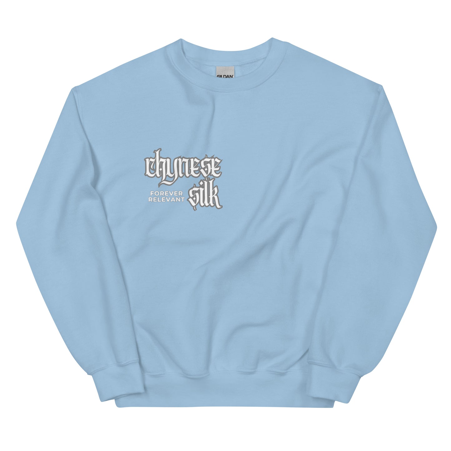 Light blue premium streetwear crewneck sweatshirt featuring a white Chynese Silk Gothic Revival logo design.