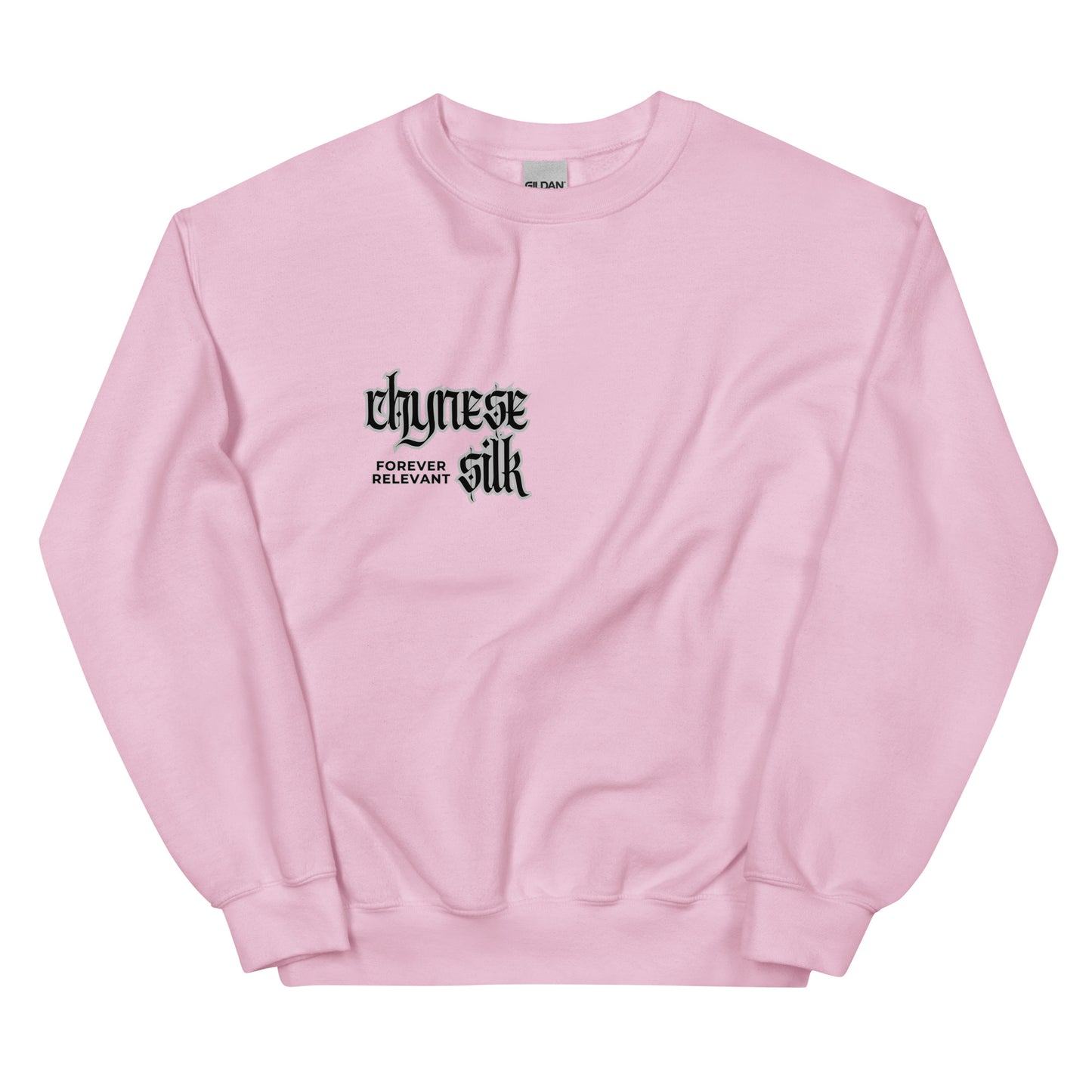 Light Pink premium streetwear crewneck sweatshirt featuring a black Chynese Silk Gothic Revival logo design.
