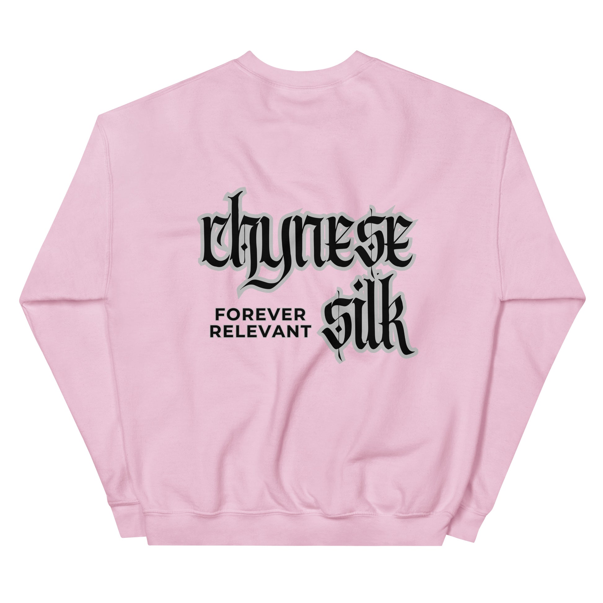 Light pink premium streetwear crewneck sweatshirt featuring a black Chynese Silk Gothic Revival logo design.