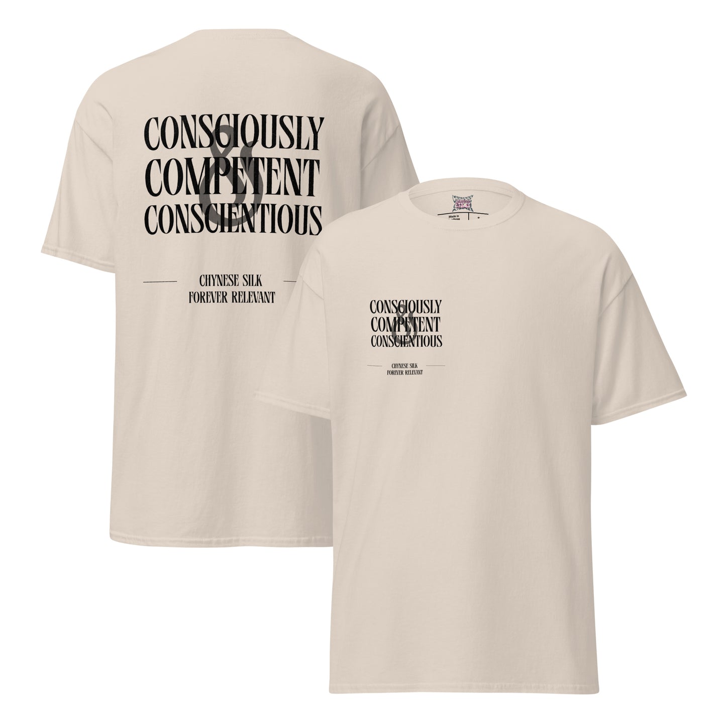 Natural premium streetwear t-shirt featuring the black Chynese Silk CC&C typography graphic design.