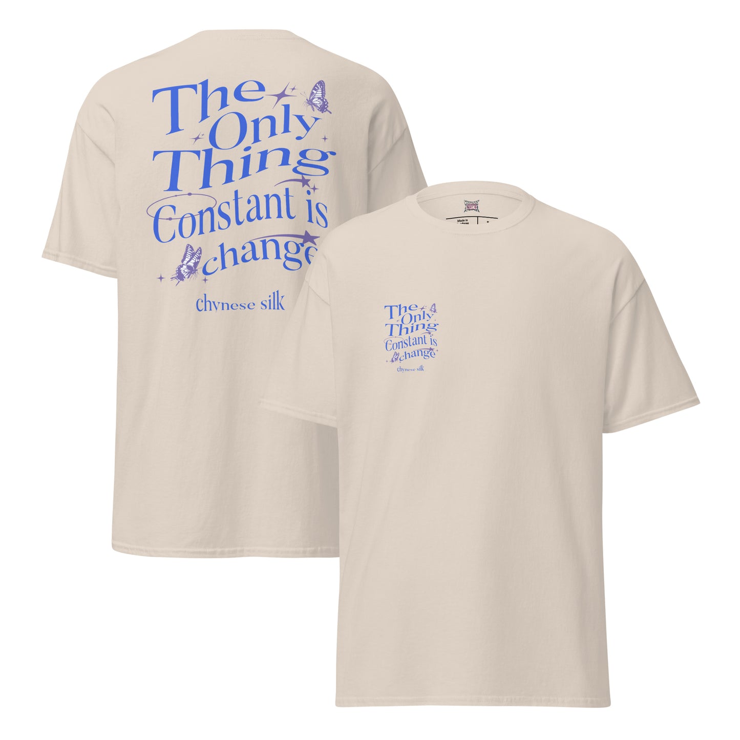 Natural cream premium streetwear t-shirt featuring a blue Constant Change text graphic by Chynese Silk