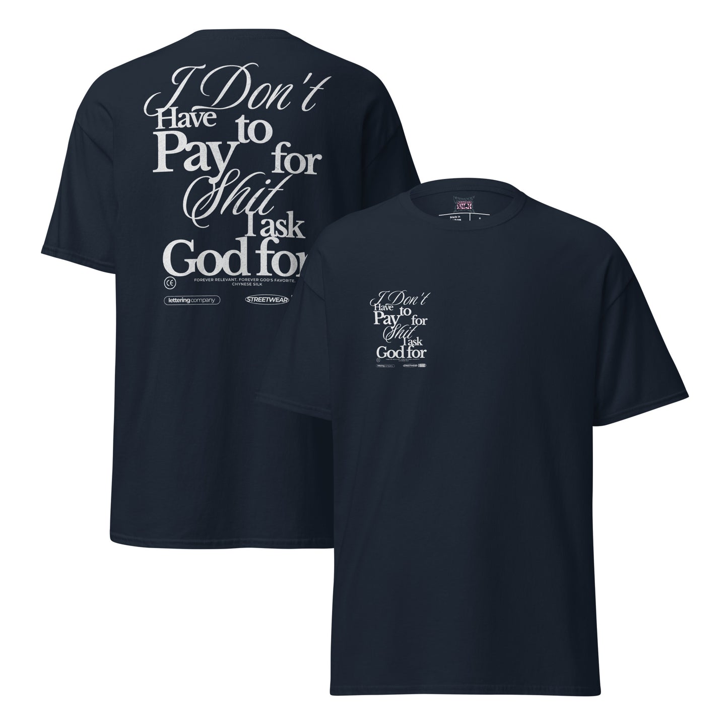 Navy premium streetwear t-shirt featuring the Chynese Silk Free Life typography graphic design.
