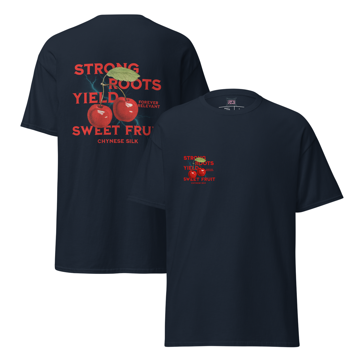 Navy premium streetwear t-shirt featuring the Chynese Silk Strong Roots Yield Sweet Fruit cherry graphic design