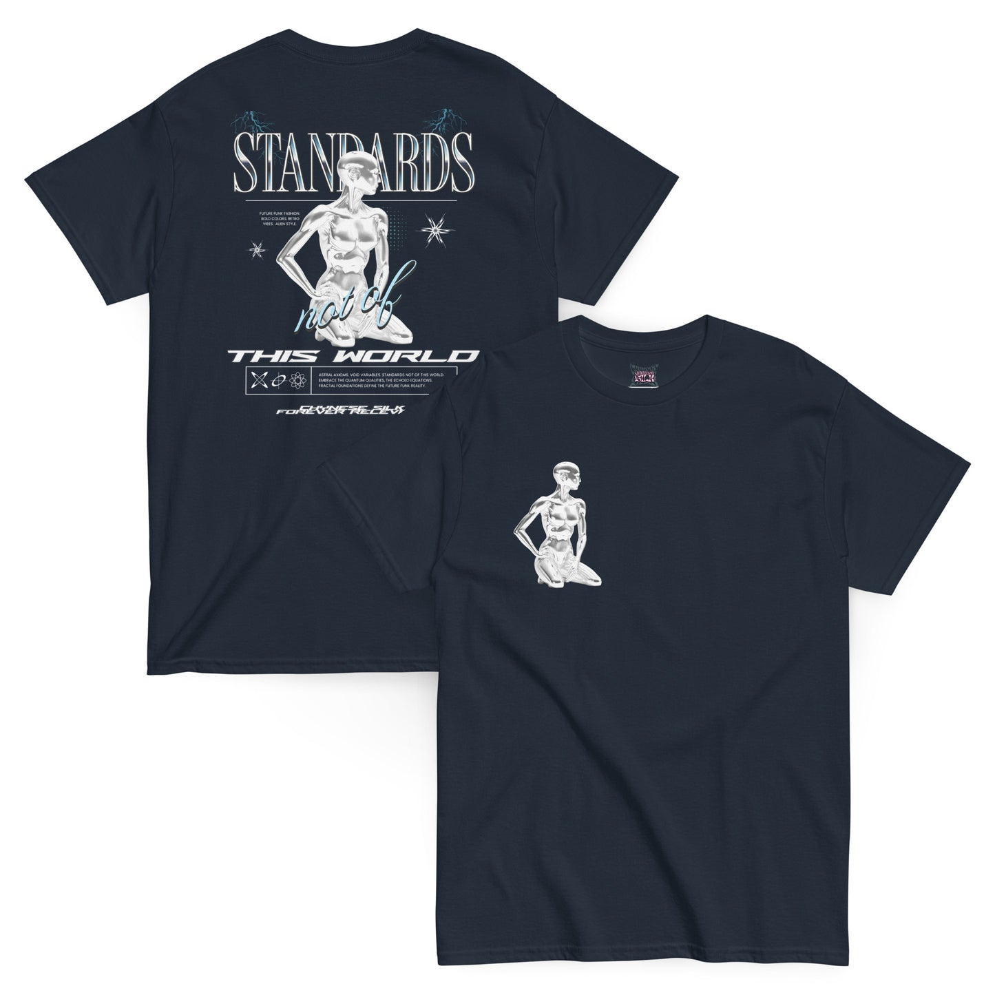 Navy blue premium streetwear t-shirt featuring the Chynese Silk Cyber Standards robot graphic design.