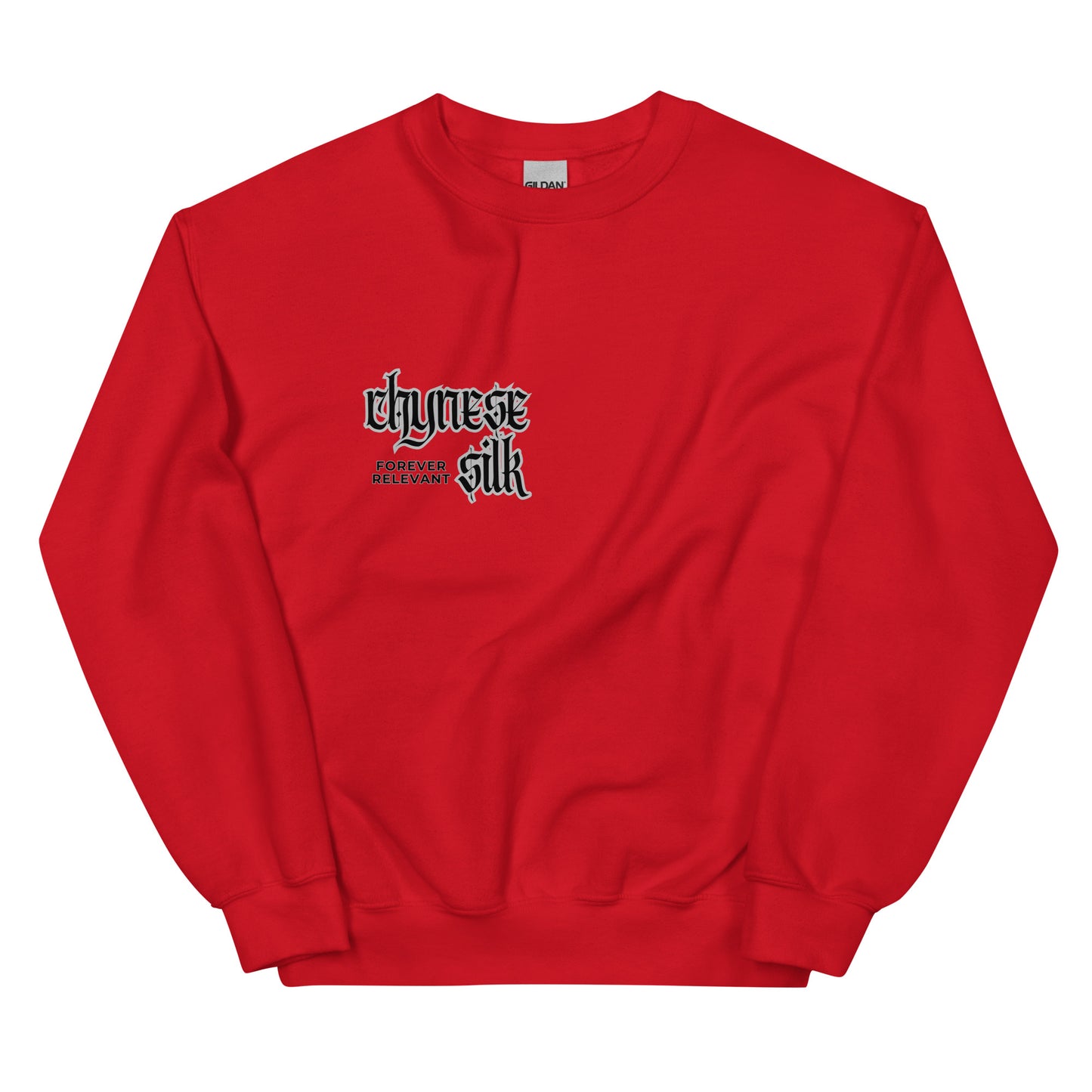Red premium streetwear crewneck sweatshirt featuring a black Chynese Silk Gothic Revival logo design.