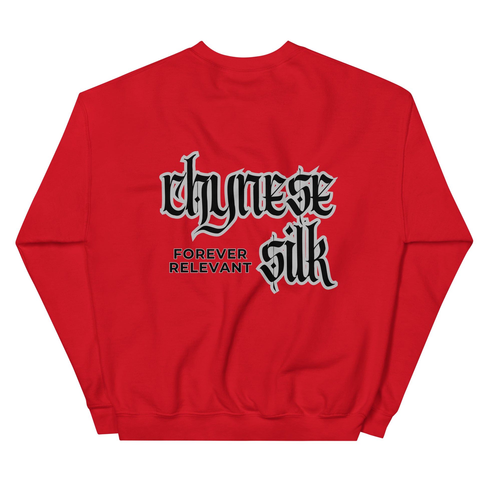 Red premium streetwear crewneck sweatshirt featuring a black Chynese Silk Gothic Revival logo design.