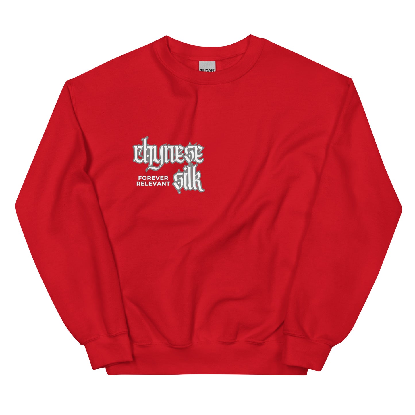 Red premium streetwear crewneck sweatshirt featuring a white Chynese Silk Gothic Revival logo design.